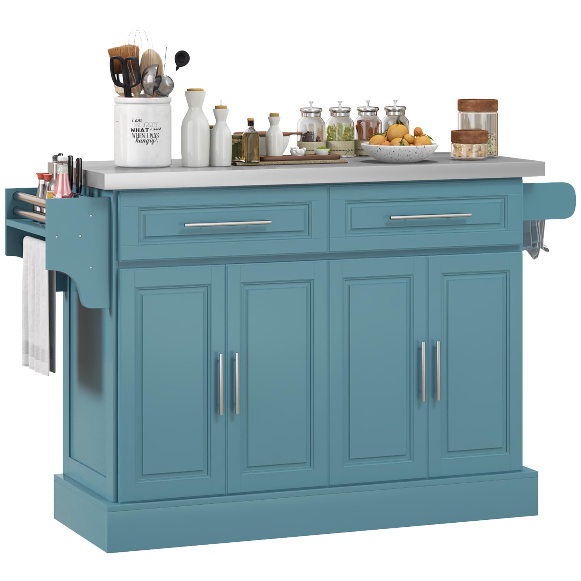 HOMCOM Portable Kitchen Island Cart with Wheels - Stainless Steel Top, Adjustable Shelves, 2 Drawers & Spice Rack - Teal Blue Rolling Kitchen Cart for Small Spaces, Apartments & Mobile Cooking Stations