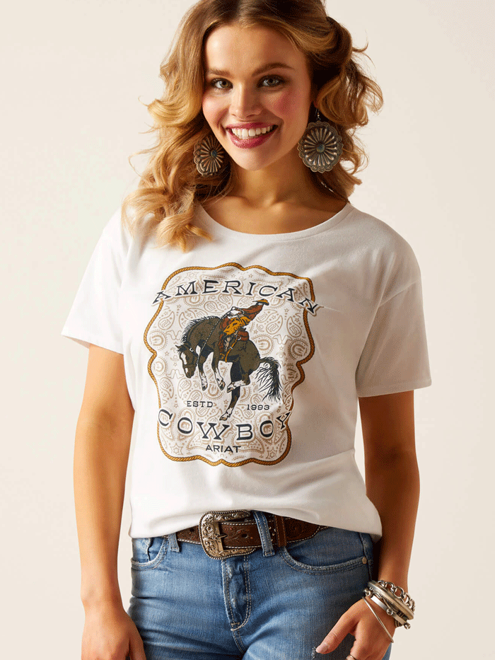 Ariat Women's American Cowboy T-Shirt - Classic White Western Tee for Rodeo, Country Music Festivals & Casual Wear