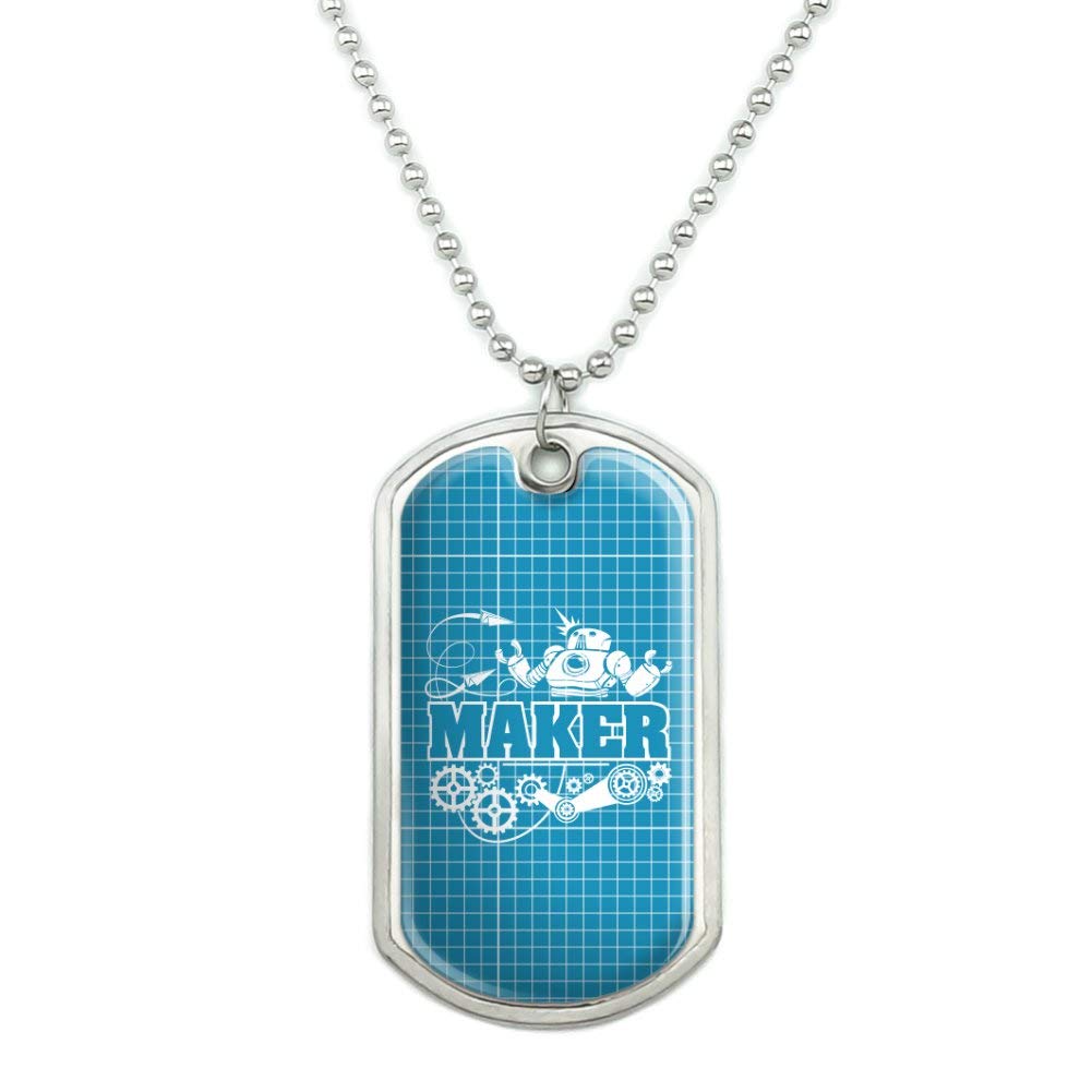 Custom Military Dog Tag Pendant Necklace with Robot & Gear Blueprint Design - Personalized Engraved Metal Chain for Men - Perfect for Military Enthusiasts, Engineers & Sci-Fi Fans
