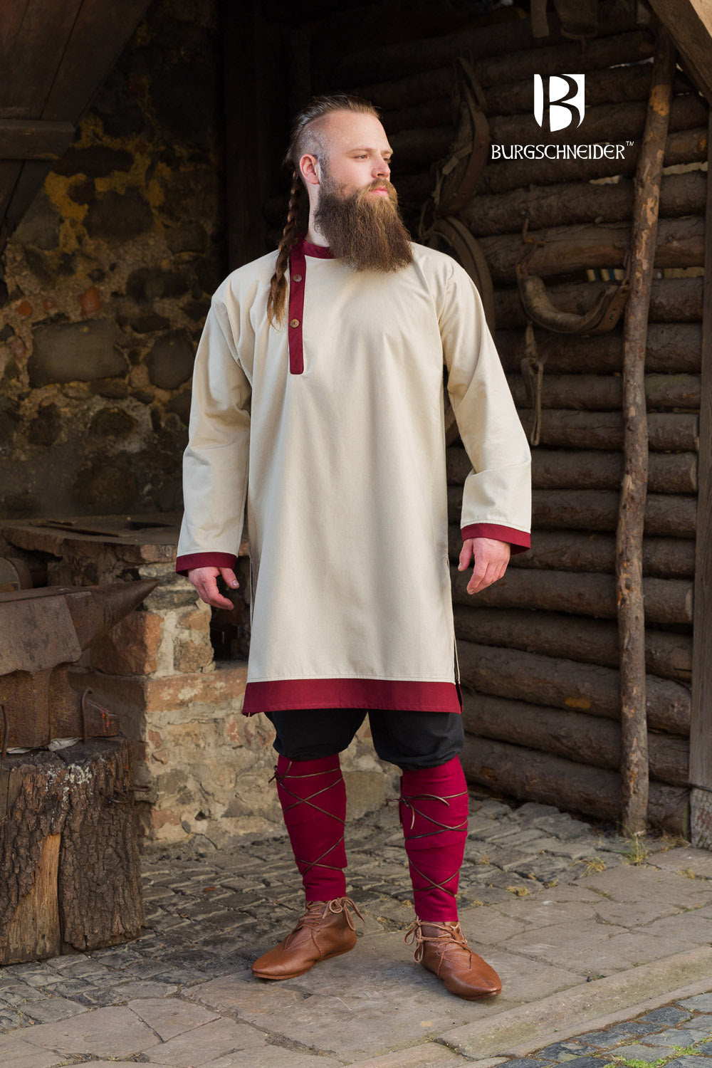 Rus Tunic Tobiasz - Natural & Bordeaux Color Linen Blouse | Bohemian Style Women's Top for Casual Wear, Festivals & Vacation