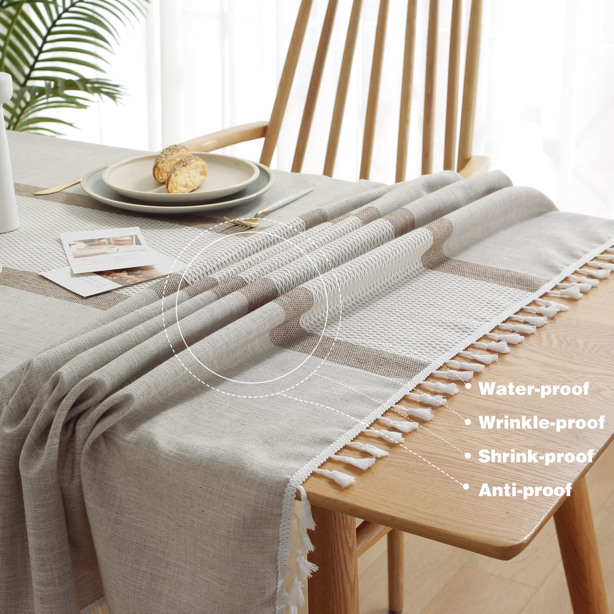 Embroidered Tassel Tablecloth for Dining Table - Double Stripe Coffee Design, 55 x 71 Inch Rectangle/Oblong Table Cover for 4-6 Seats | Perfect for Fall, Christmas, Parties & Everyday Dining Decor