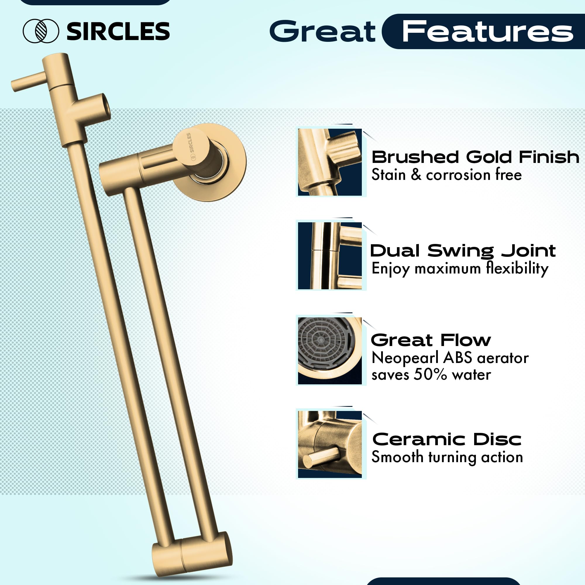 SIRCLES 26-inch Wall Mount Pot Filler Faucet - Brushed Gold Stainless Steel with Dual 360° Swing Joints - Includes Teflon Tape & Extra Cartridge - Perfect for Kitchen Sink, Stove, and Cooking Areas