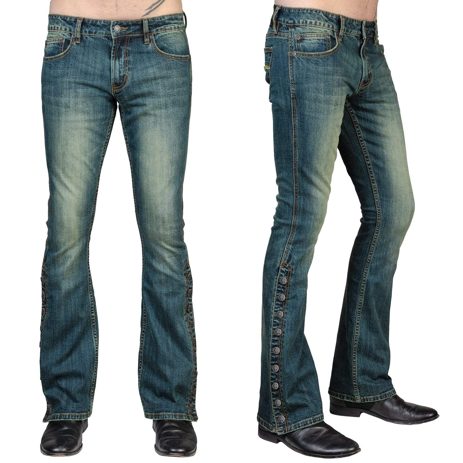 Wornstar Hellraiser Side Button Vintage Blue Jeans for Men - Distressed Denim Pants with Button Fly for Casual Wear & Street Style