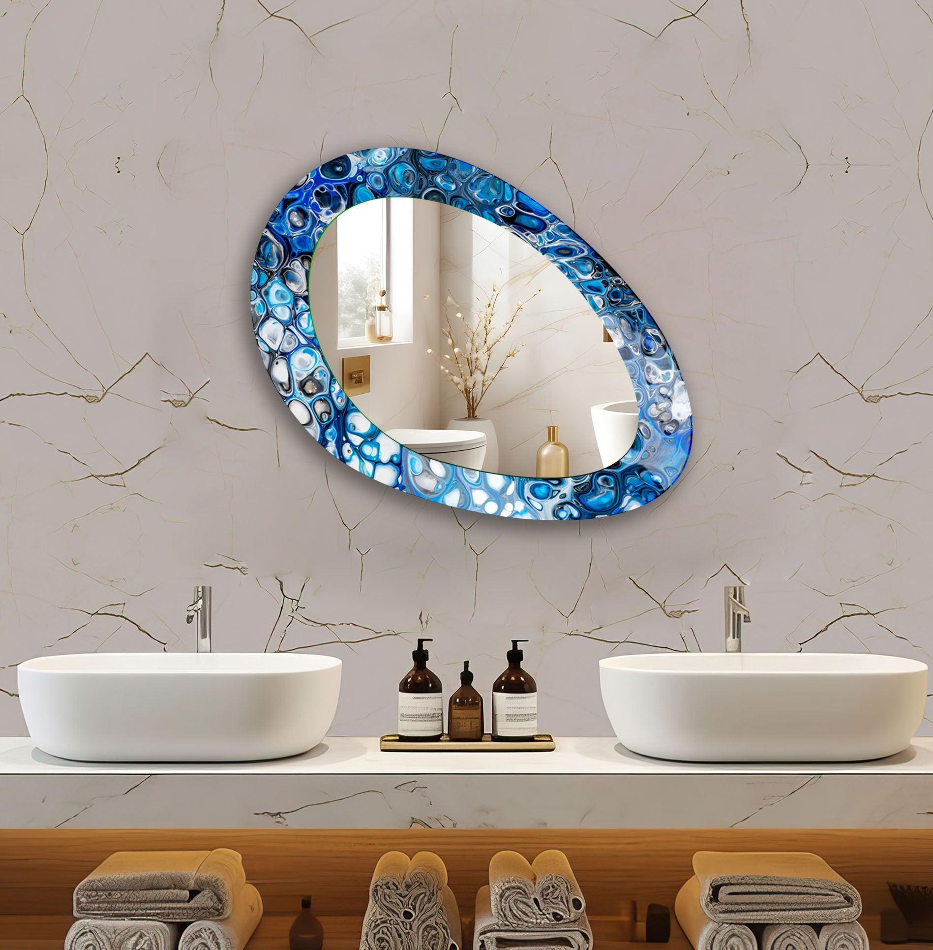 Blue Stained Oval Wall Mirror - Modern Decorative Mirror for Living Room, Bedroom, or Entryway - Handmade Glass Wall Art for Home Decor