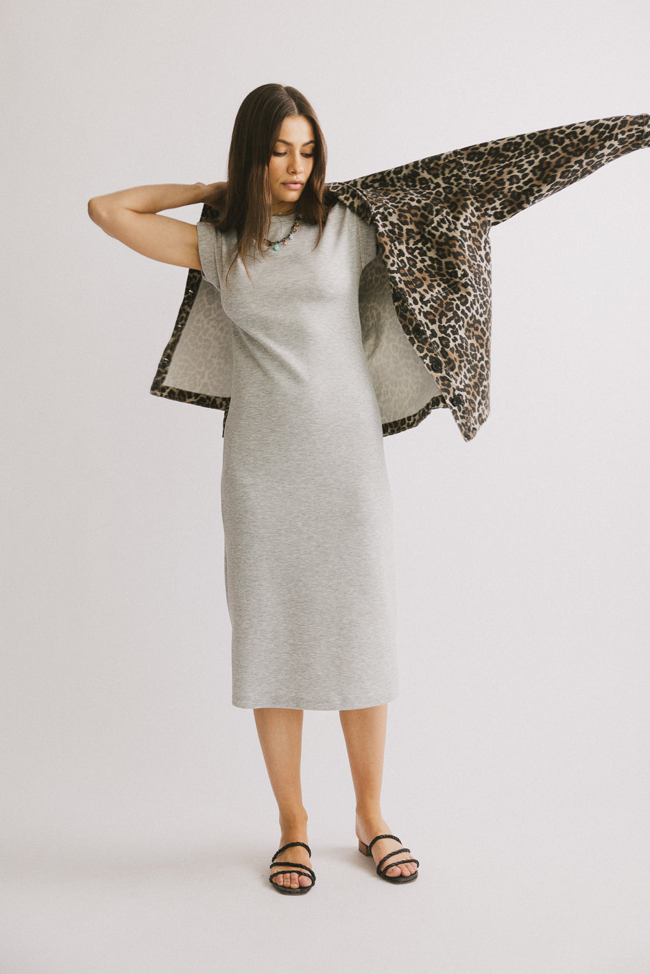 Lauren Tee Shirt Midi Dress in Heather Grey - Women's Casual T-Shirt Dress for Summer, Fall | Perfect for Office, Date Night & Weekend Outings