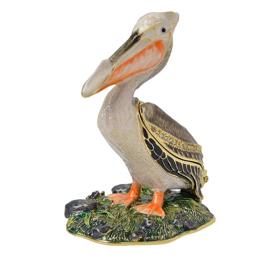 Golden Crystal Enameled Pelican Jewelry Box - Hand-Painted Hinged Bird Trinket Box for Necklaces & Rings | Elegant Home Décor & Unique Gift for Bird Lovers | Perfect for Dresser Display, Wedding Favors & Collectors