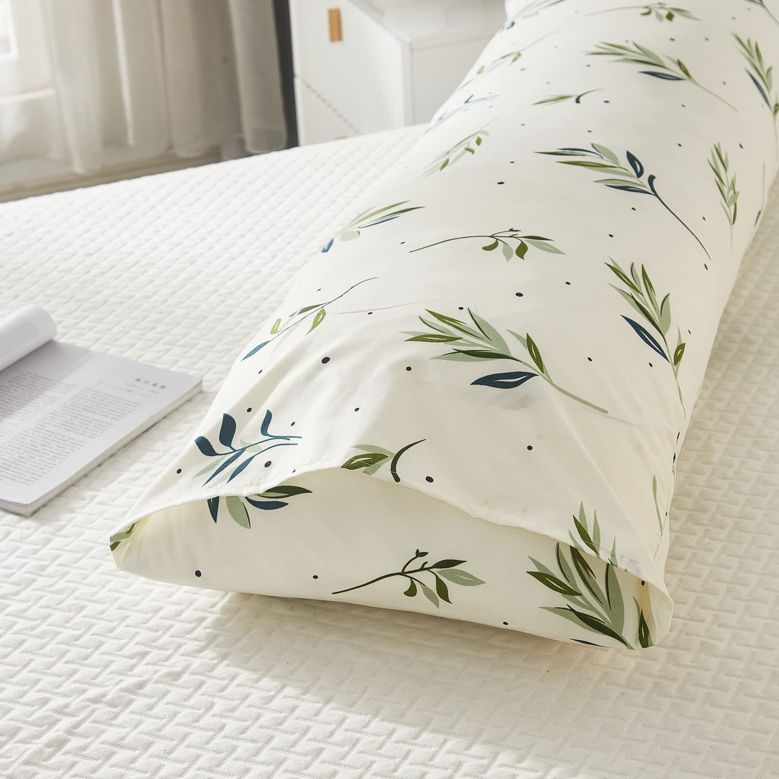 Green Botanical Leaves Body Pillow Cover 20x54 Inches with Pocket Closure - Boho Chic Pillow Case for Bedroom Decor, Couch & Dorm Room - Soft & Stylish Home Accessory