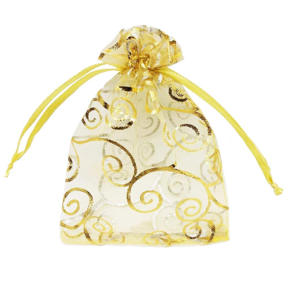 50Pcs Sheer Organza Gift Bags for Wedding Favors, Baby Shower, Party - Rattan Print Drawstring Pouches (4x6 Inches, Gold) | Elegant Packaging for Jewelry, Candies, Wedding Invitations & Party Favors