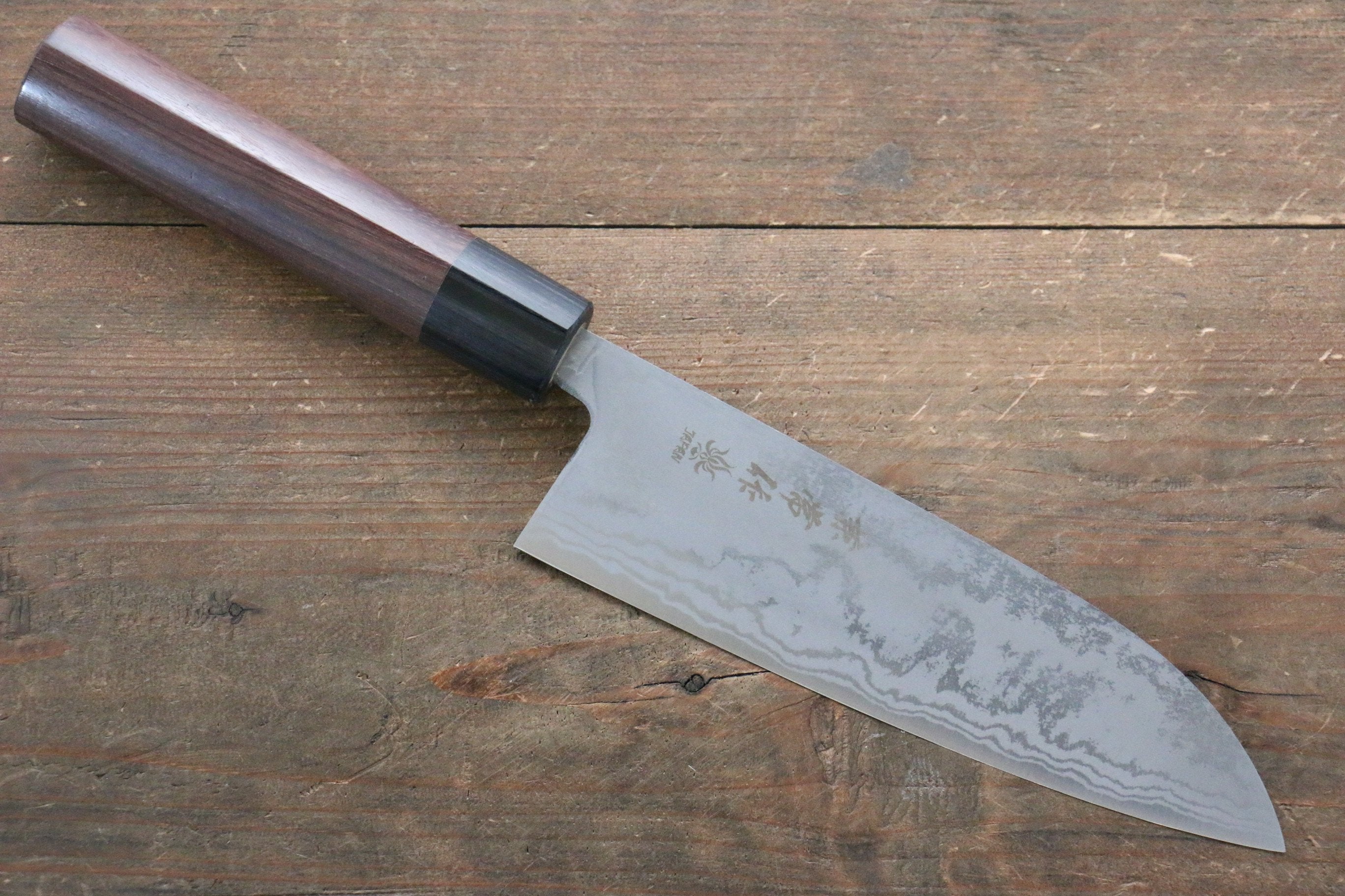 Premium Kanetsune Blue Steel No.2 Damascus Santoku Knife 165mm - Japanese Chef Knife with Shitan Wood Handle - Perfect for Slicing, Dicing & Chopping Vegetables, Meat & Fish