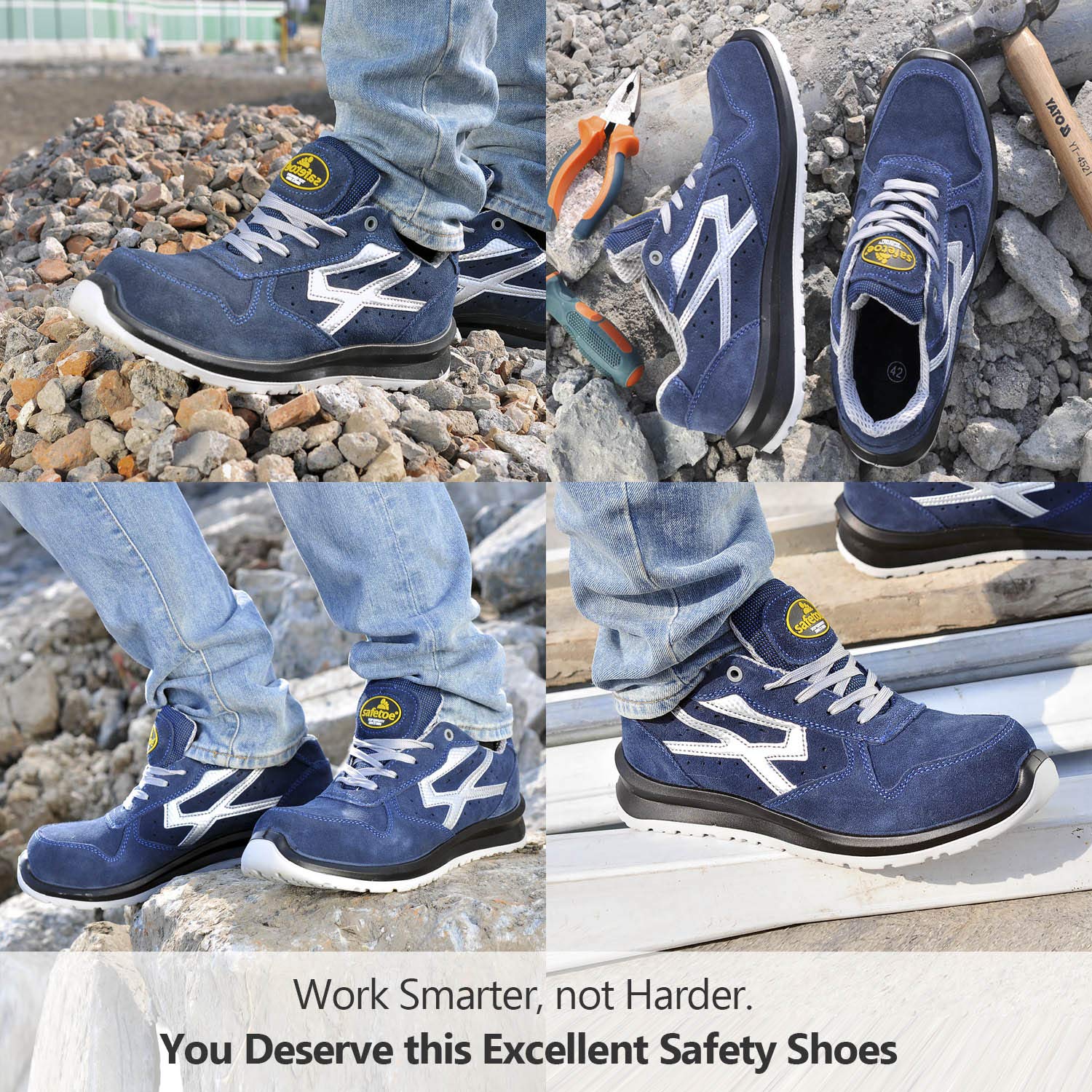 SAFEYEAR Breathable Leather Safety Shoes [CE Certified] - 7328GN Lightweight Summer Work Boots with 4E Wide Fit Steel Toe Cap, Non-Slip for Men & Women - Perfect for Construction, Warehouse & Outdoor Work