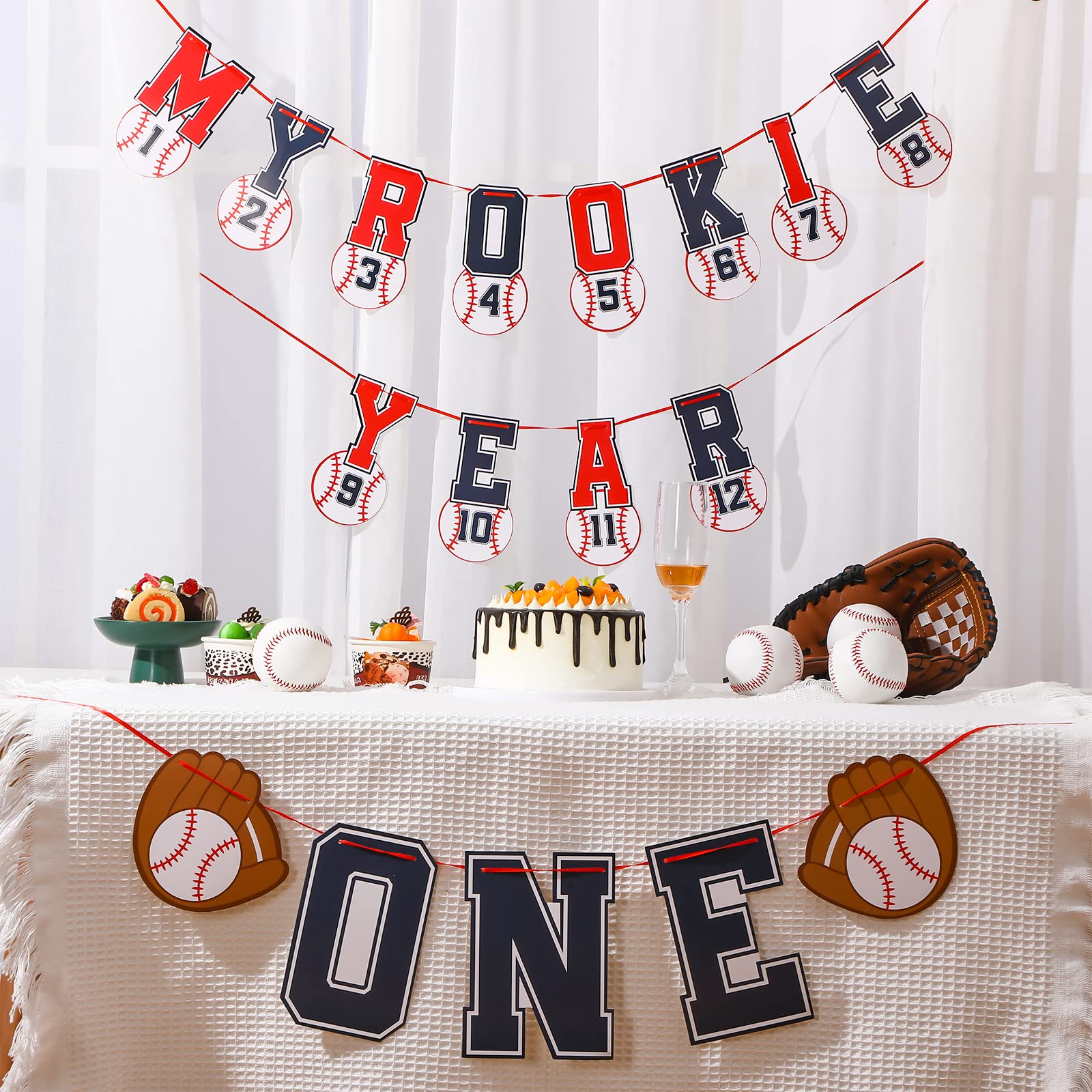 Geyee 2-Pack 1st Birthday Photo Banner Set - Rookie of the Year Baseball Theme Monthly Milestone Banner & High Chair Decor for Baby Shower, Sports Party Supplies - Perfect for Baseball-Themed First Birthday Parties