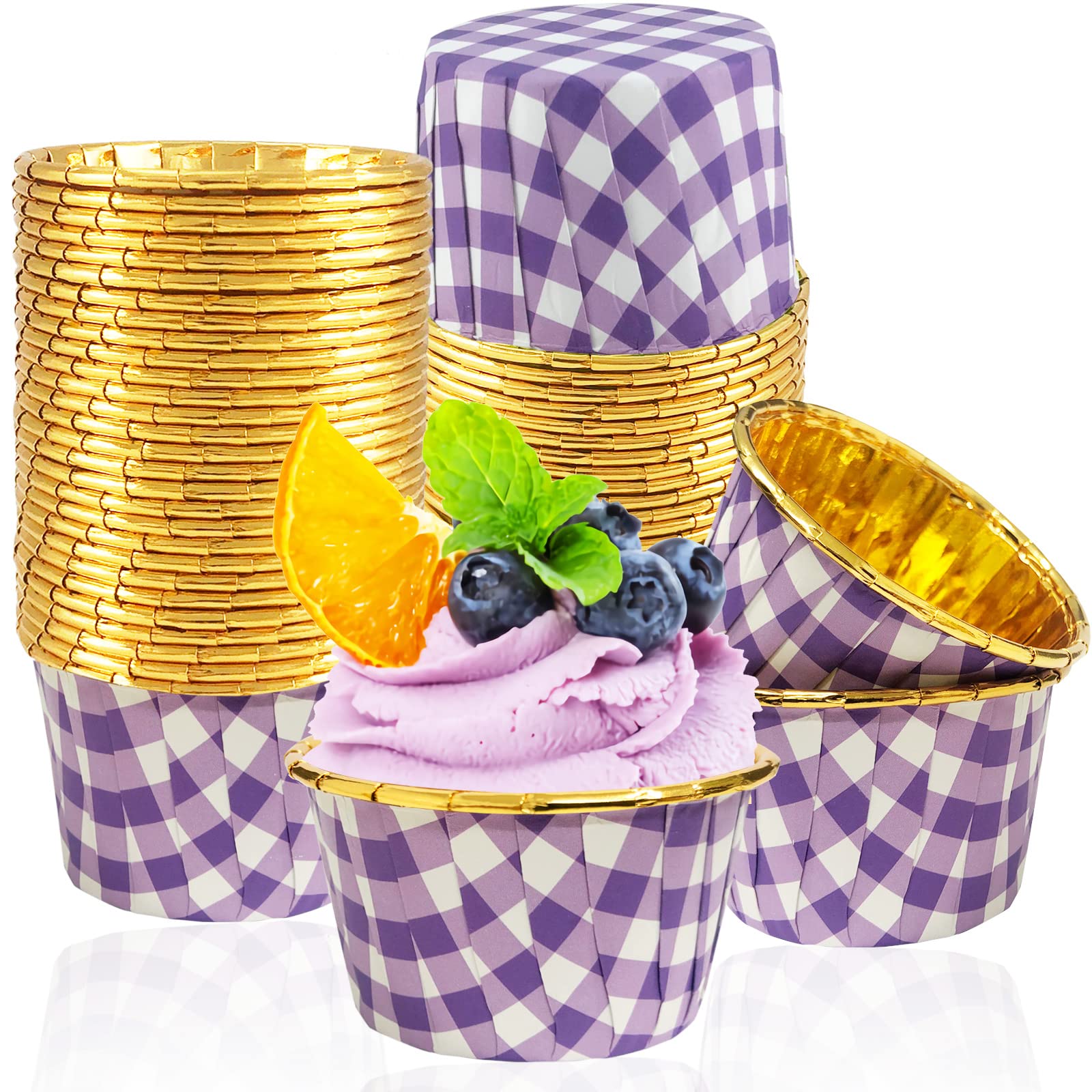 **Ruiqiger 50 Pack Purple Checkered Gingham Foil Cupcake Baking Liners - 3.5 Oz Gold Checkered Muffin & Mini Cake Wrappers - Perfect for Birthday Parties, Baby Showers & Holiday Baking**