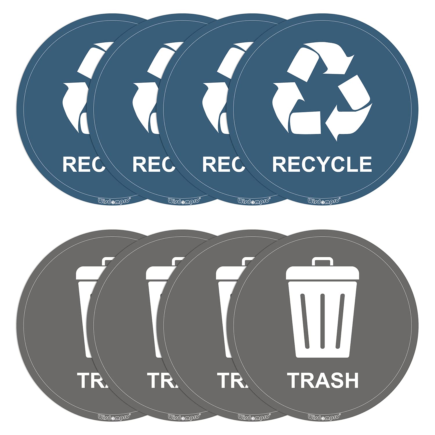 Wisdompro 8-Pack 3 Inch Round Recycle Stickers for Trash Cans - Self Adhesive Recycling Bin Labels for Garbage Containers, Indoor & Outdoor Use - Perfect for Home Kitchen, Office, School & Public Spaces
