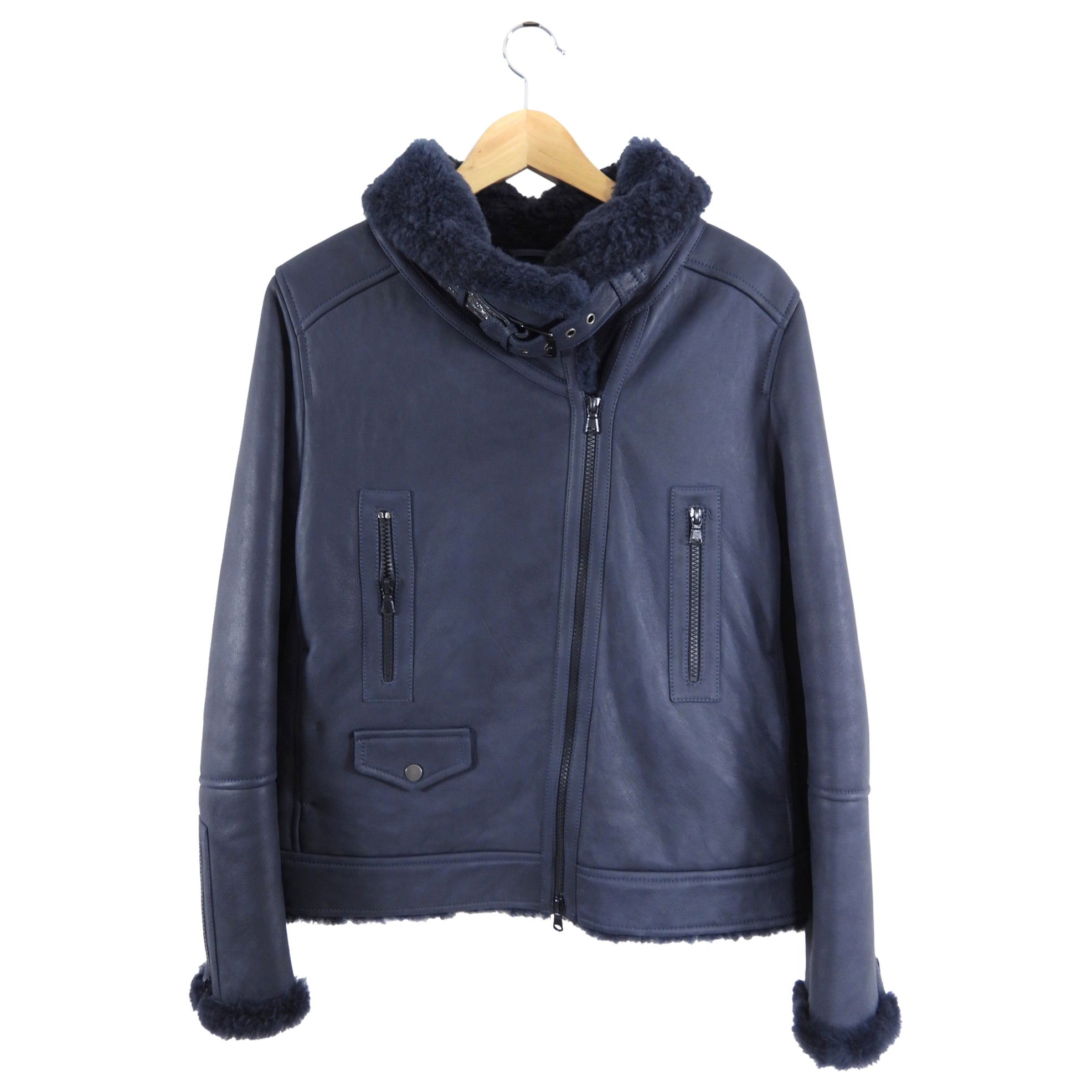 Brunello Cucinelli Midnight Navy Shearling Zip Jacket - Men's Luxury Shearling Coat, Size IT40 / S (4/6) - Perfect for Winter Fashion & Outdoor Activities