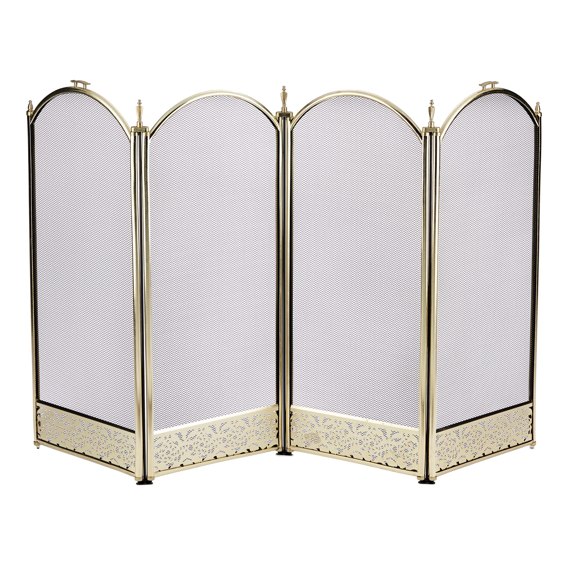 4 Panel Brass Fireplace Screen with Decorative Filigree - Elegant Fireplace Safety Guard for Living Room, Bedroom & Office - Heat Resistant & Stylish Home Decor Accessory