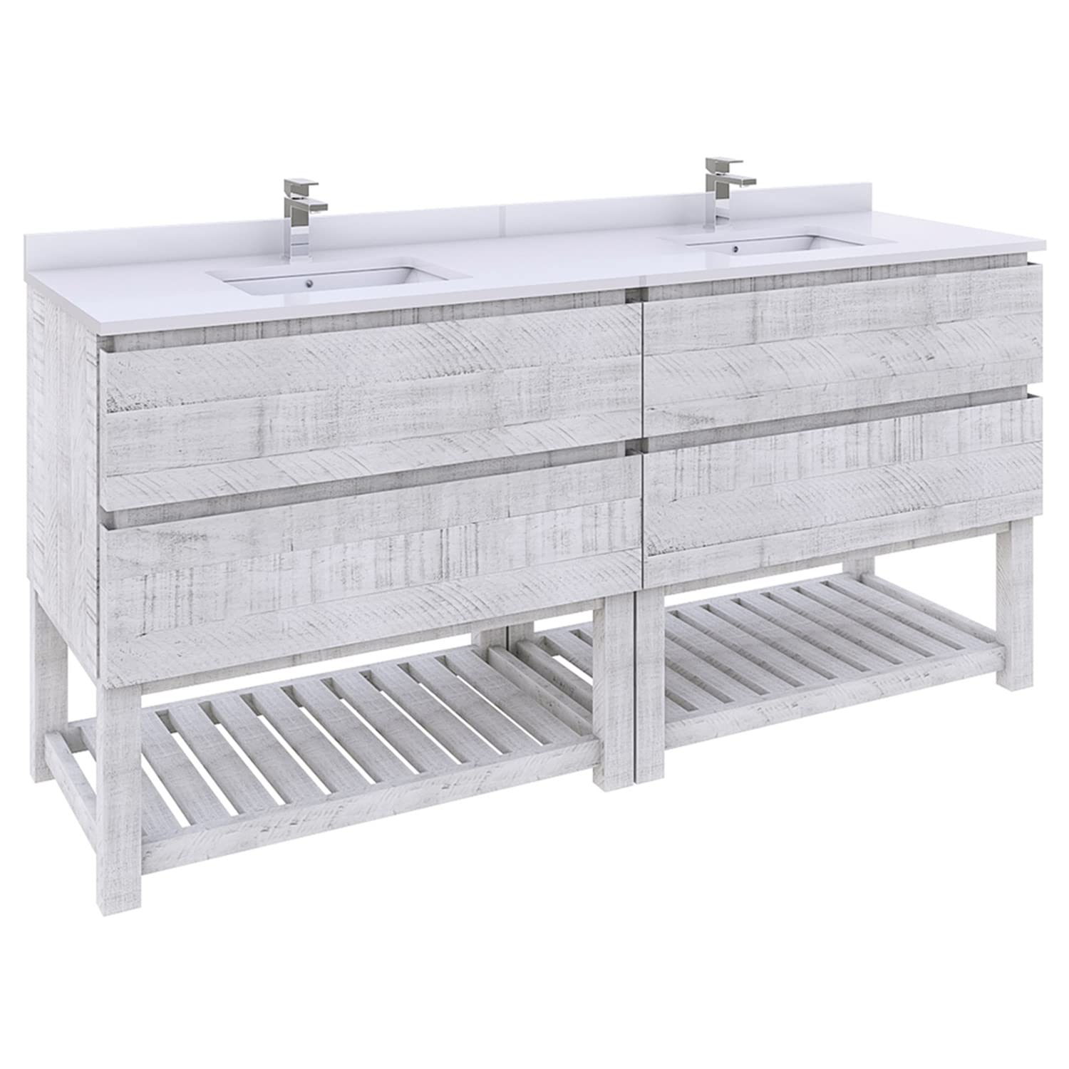 Fresca Stella 70-Inch Open Base Double Bathroom Vanity Cabinet in Rustic White - Modern Farmhouse Style Bathroom Storage for Master Bath & Powder Room