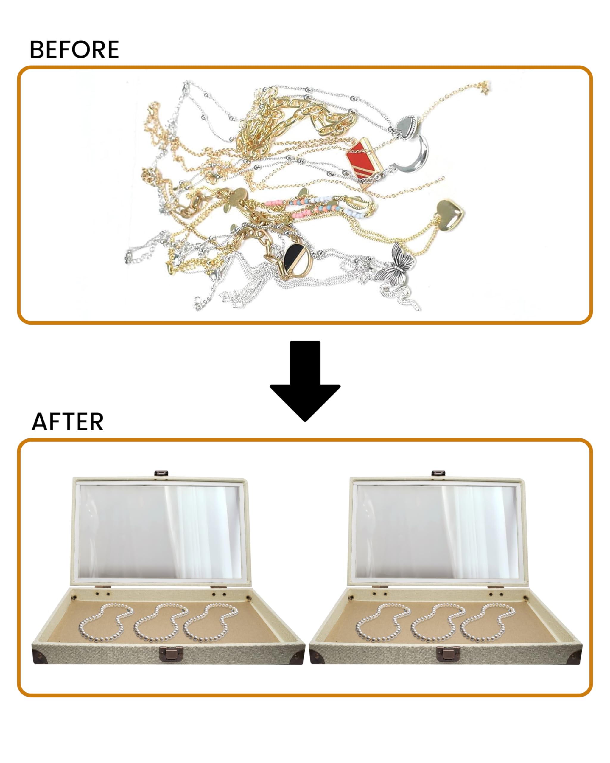 Premium Linen Light Beige Jewelry Display Case with Glass Lid - 14.75x8.25x2.1 Inch Large Collectible Storage Box for Necklaces, Rings & Gemstones - Perfect for Showcasing Jewelry Collections, Rocks & Precious Stones at Home or Retail Stores