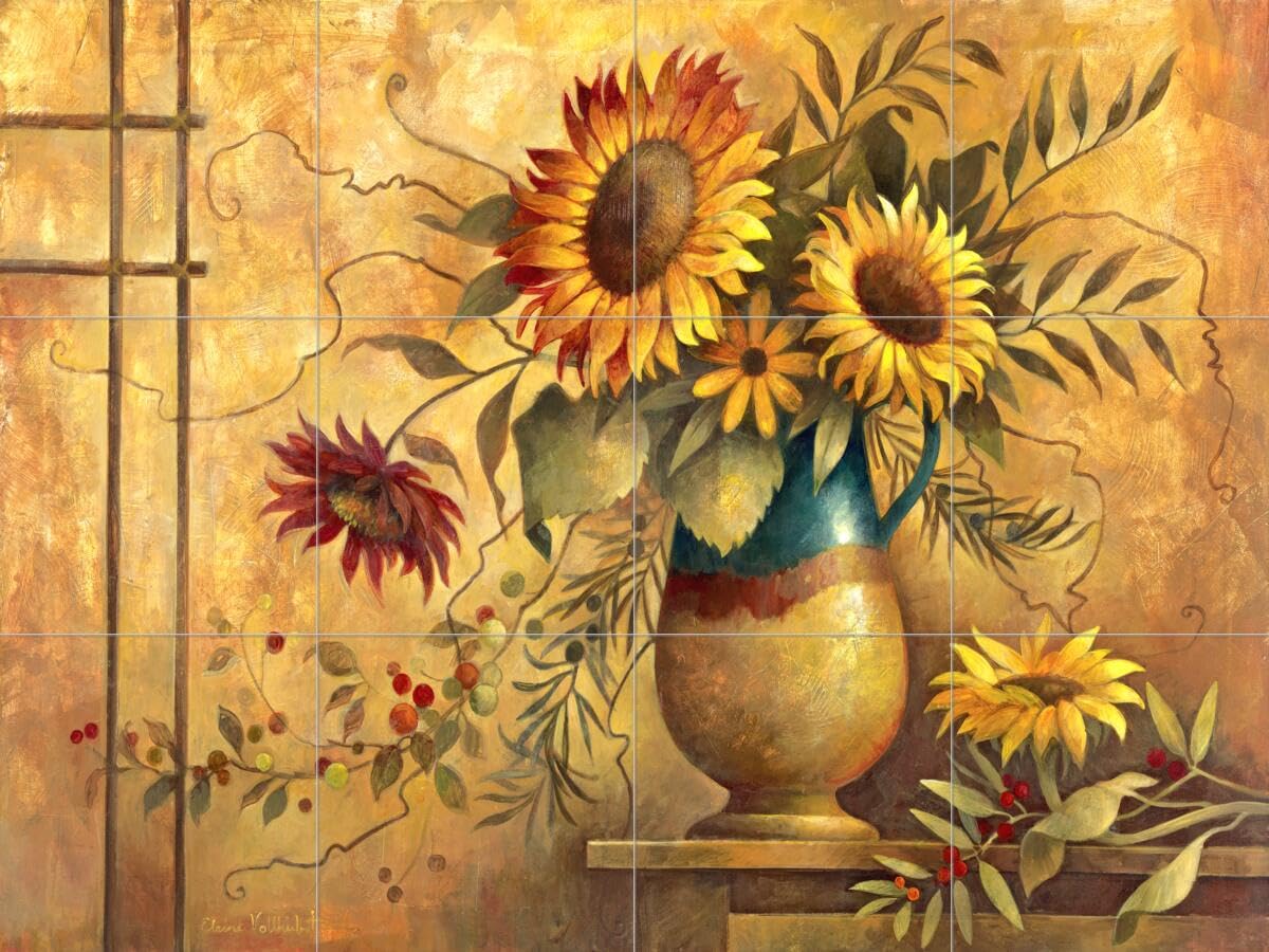 Country Sunflowers I Ceramic Backsplash Tile Mural - Floral Flower Design for Kitchen & Bathroom - Waterproof Peel & Stick Wall Decor for Farmhouse, Cottage, and Vintage Style Homes