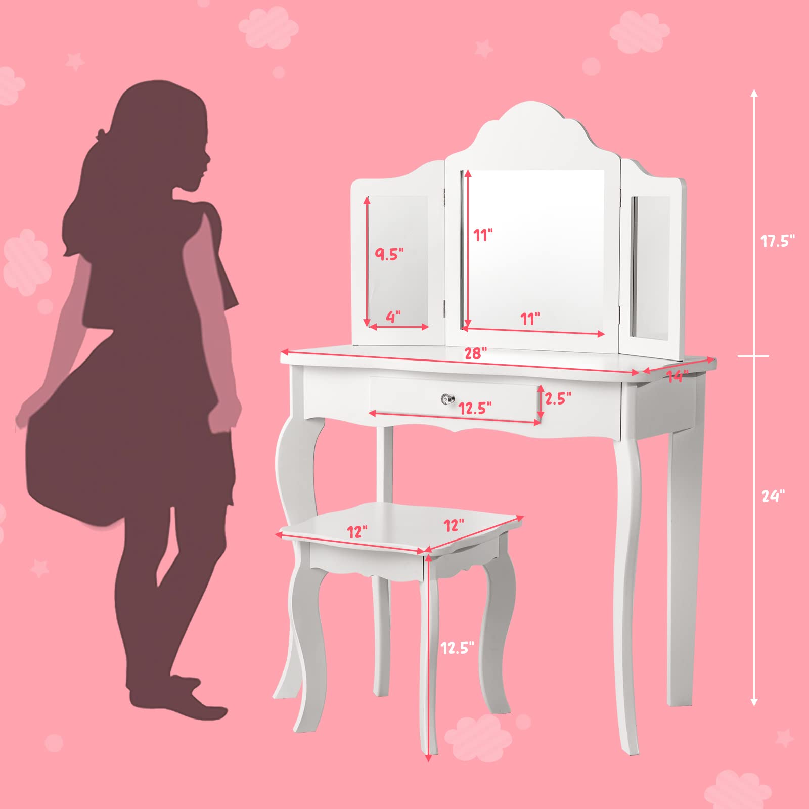 Costzon Kids Wooden Vanity Table & Stool Set - 2 in 1 Detachable Design with Dressing Table & Writing Desk, Princess Makeup Vanity with 180° Folding Mirrors for Girls (White) | Perfect for Bedroom, Playroom & Gift for Little Princesses