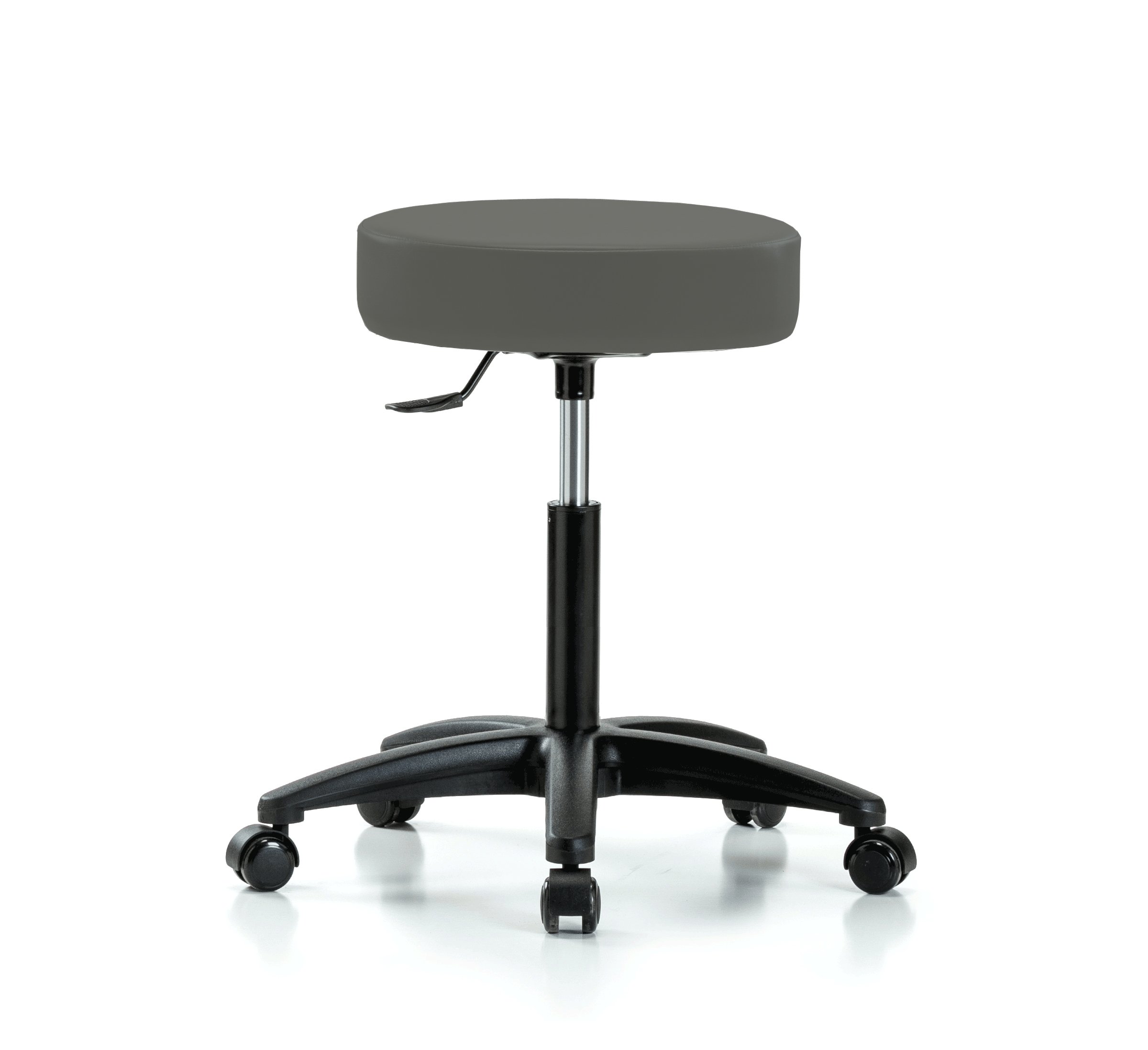 Adjustable Swivel Stool with Rolling Perch - Single Lever Height Control for Workbenches, Hardwood & Tile Floors - Charcoal Vinyl Upholstery - Perfect for Workshops, Garages & Home Offices