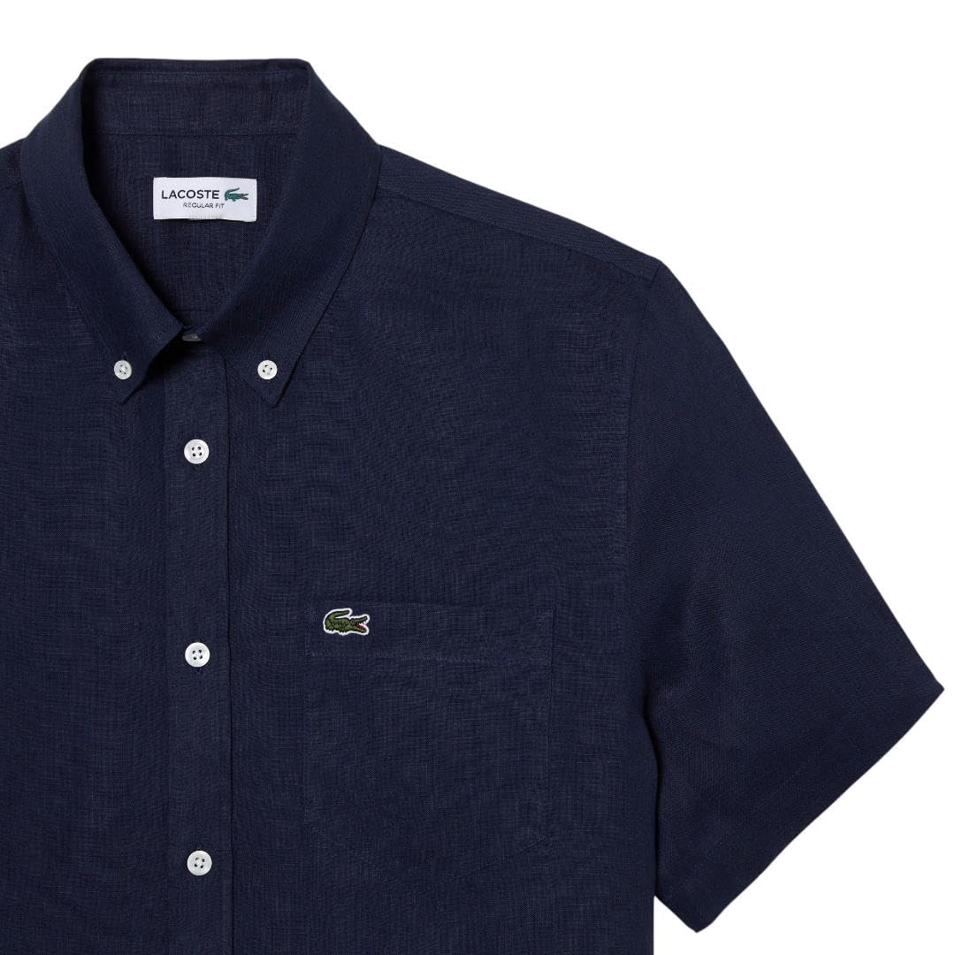 Lacoste Men's Short Sleeve Linen Button Down Shirt | Classic Regular Fit with Front Pocket | Casual Summer Wear, Office & Vacation Outfits