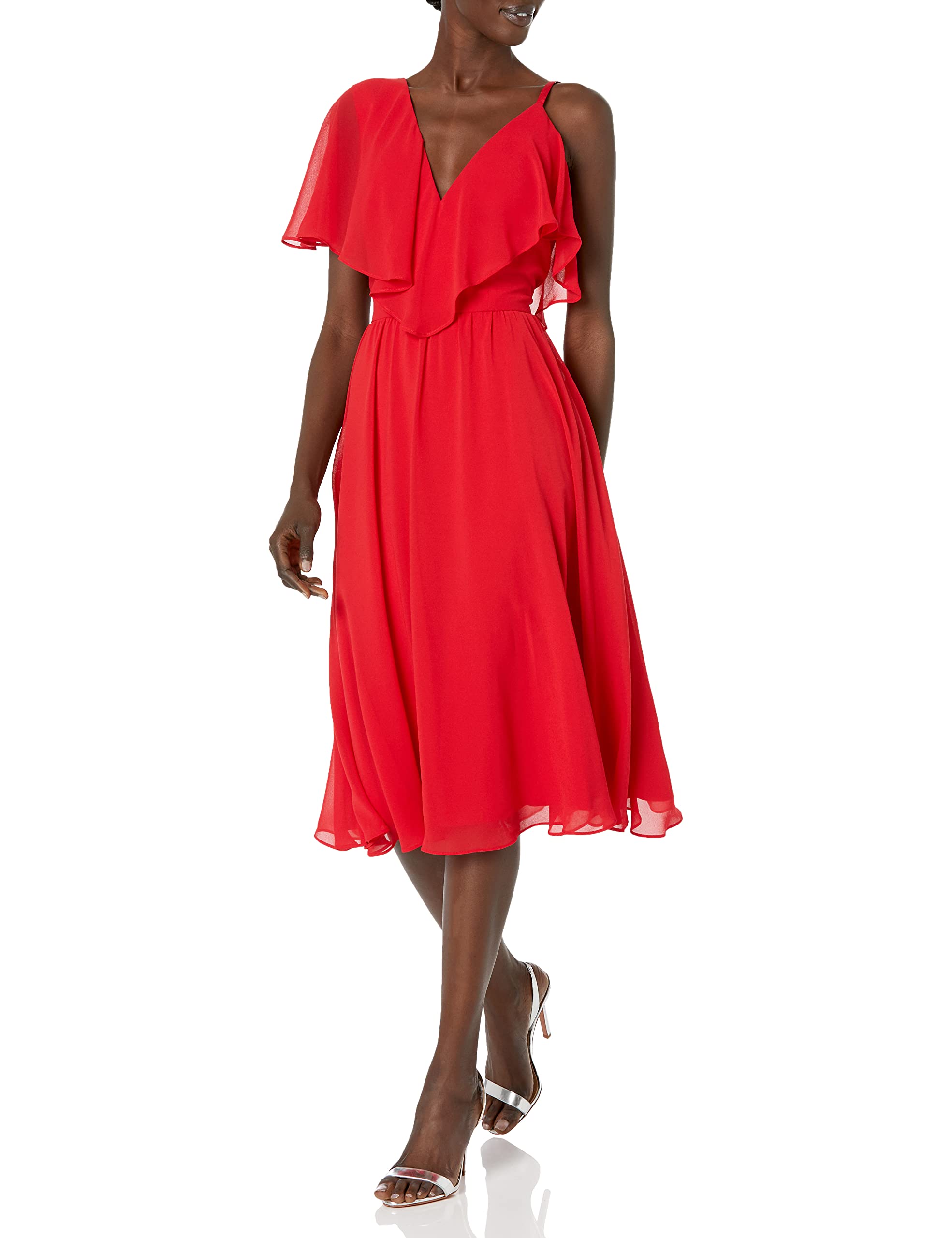 Dress the Population Women's Claudia Sleeveless Ruffle Fit & Flare Midi Dress - Elegant Cocktail & Summer Party Dress for Weddings, Date Nights & Special Occasions
