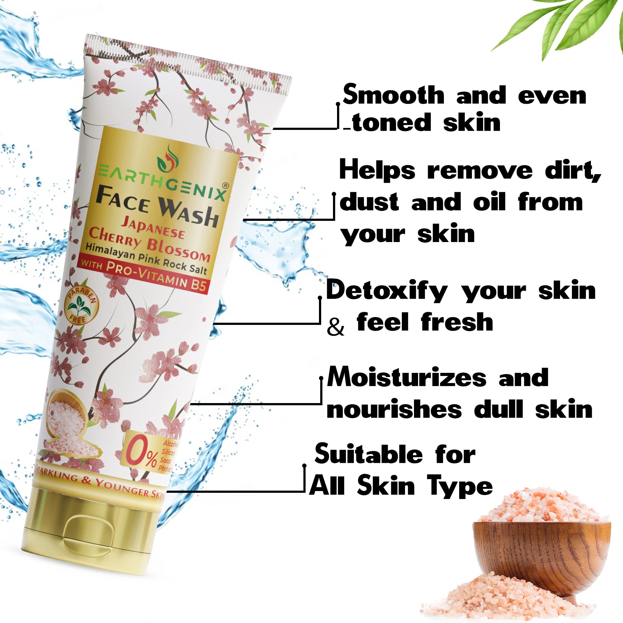 Earthgenix Japanese Cherry Blossom & Himalayan Pink Salt Face Wash with Pro-Vitamin B5 - 100ml (Pack of 2) - Brightening & Anti-Aging Cleanser for All Skin Types - Women & Men - Daily Skincare Routine for Glowing Complexion