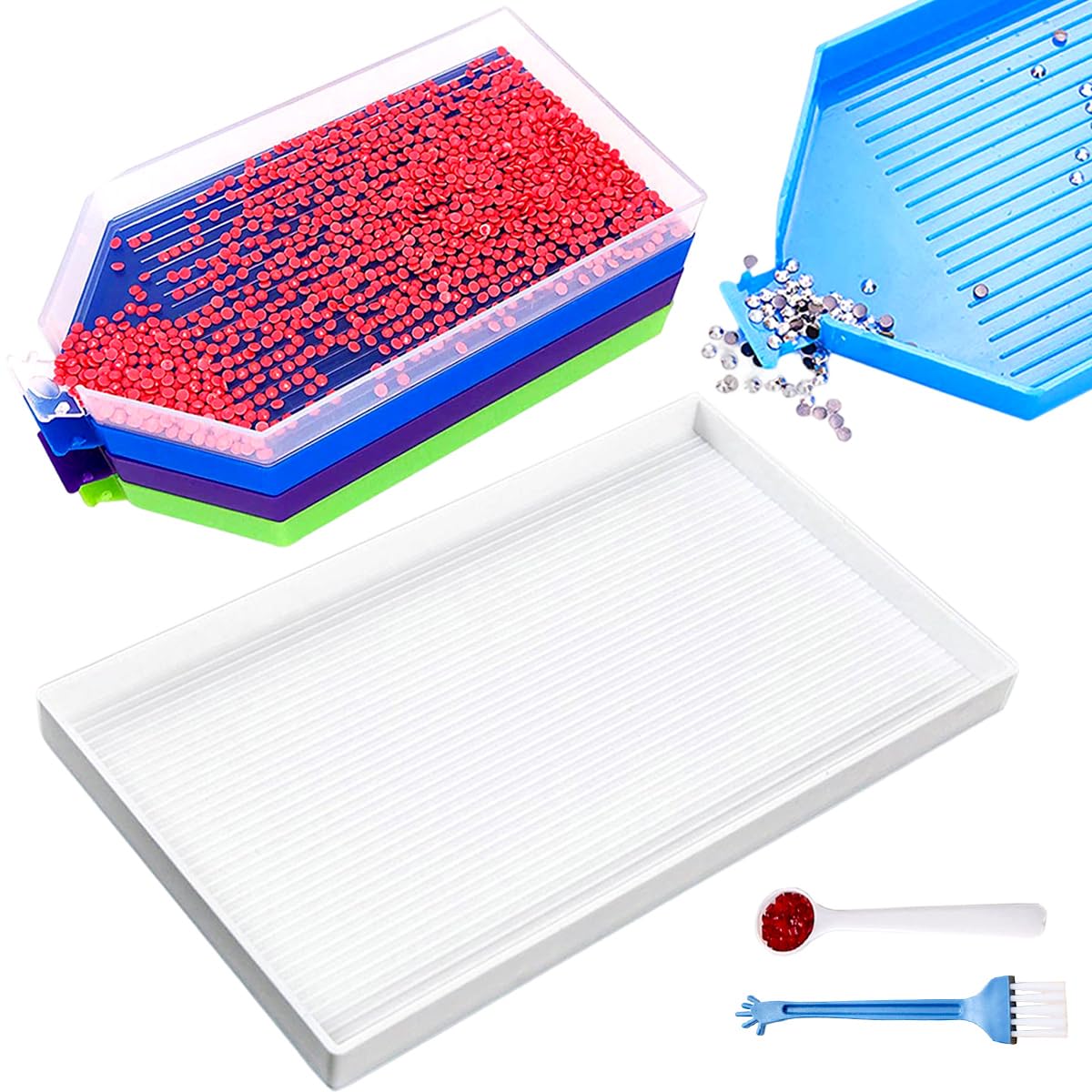 5 Pcs Large Diamond Painting Trays - Plastic Bead Sorting Tray Set with Spoon - Big Diamond Art Storage Containers for Rhinestones & Accessories - Perfect for DIY Crafts, Scrapbooking & Home Decor Organization