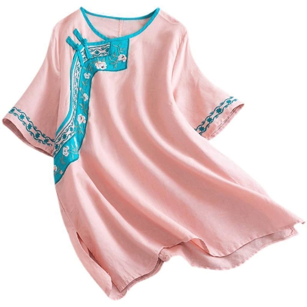 Vintage Embroidered Cotton Linen Shirt for Women - Summer Loose Fit Short Sleeve O-Neck Blouse with Plate Buttons (Pink, X-Large) | Perfect for Casual Outings, Beach Vacations & Boho Style Fashion