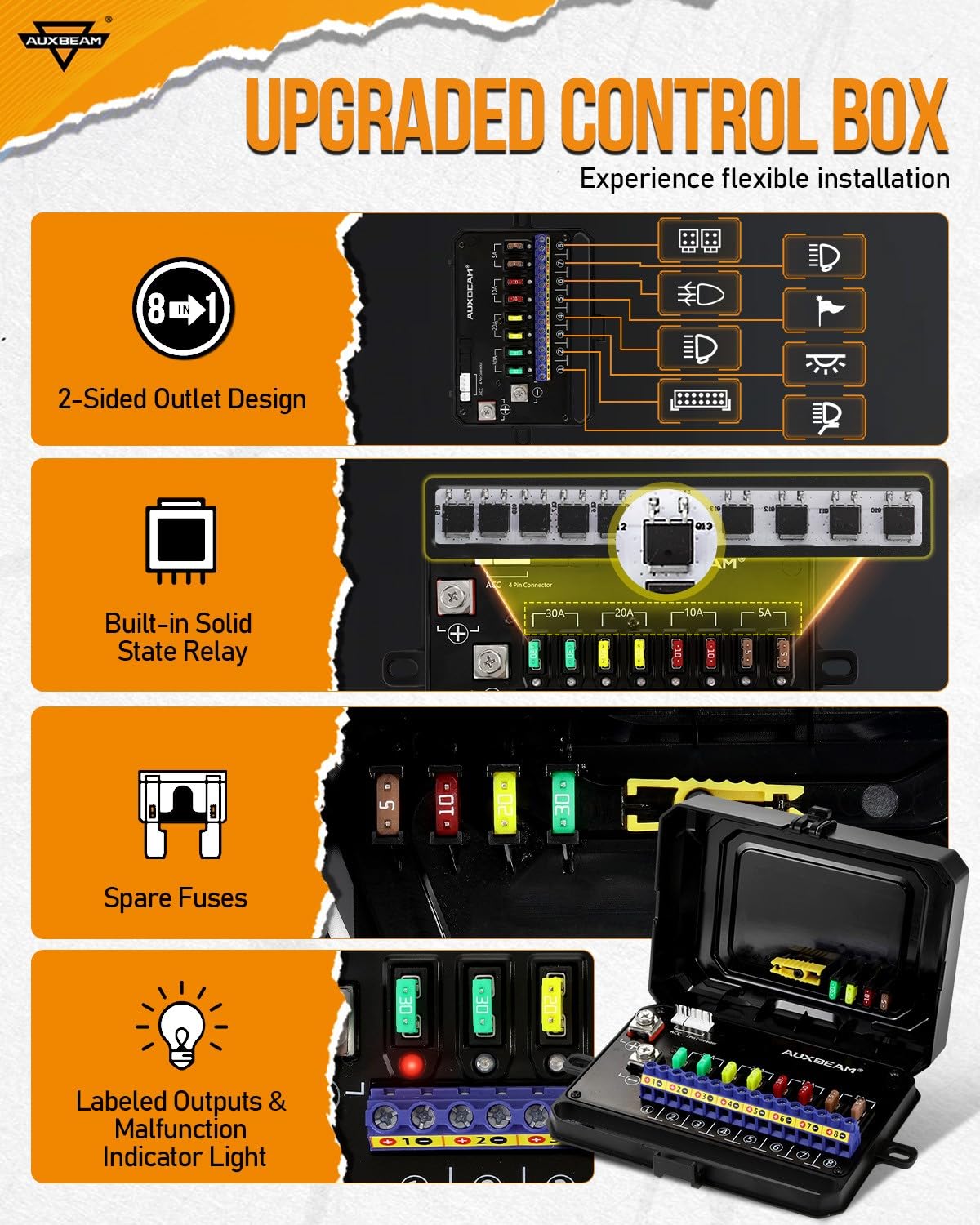 Auxbeam 8 Gang Switch Panel RA80 - Auto-Dimmable RGB LED Toggle Switch Panel with Momentary/Pulse Function, 12V-24V Waterproof Aluminum Switch Panel for Trucks, Offroad Vehicles, Cars, Boats & Marine Use - Perfect for Off-Roading, Overlanding & Marine Applications - 2 Year Warranty