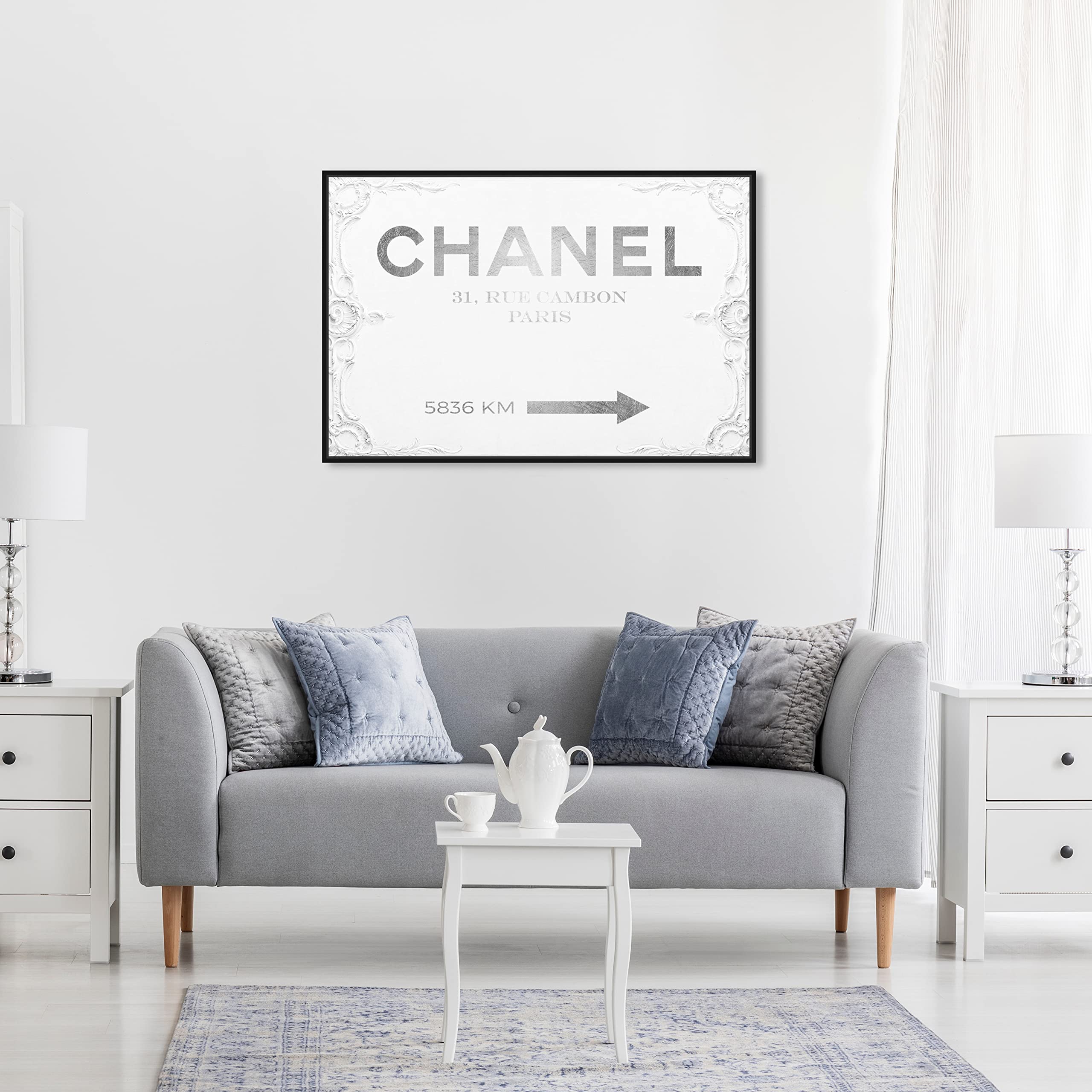 Oliver Gal Artist Co. Contemporary 20x30 Inch Couture Road Sign Rococo Framed Canvas Wall Art - White | Perfect for Bedroom, Living Room & Office Decor