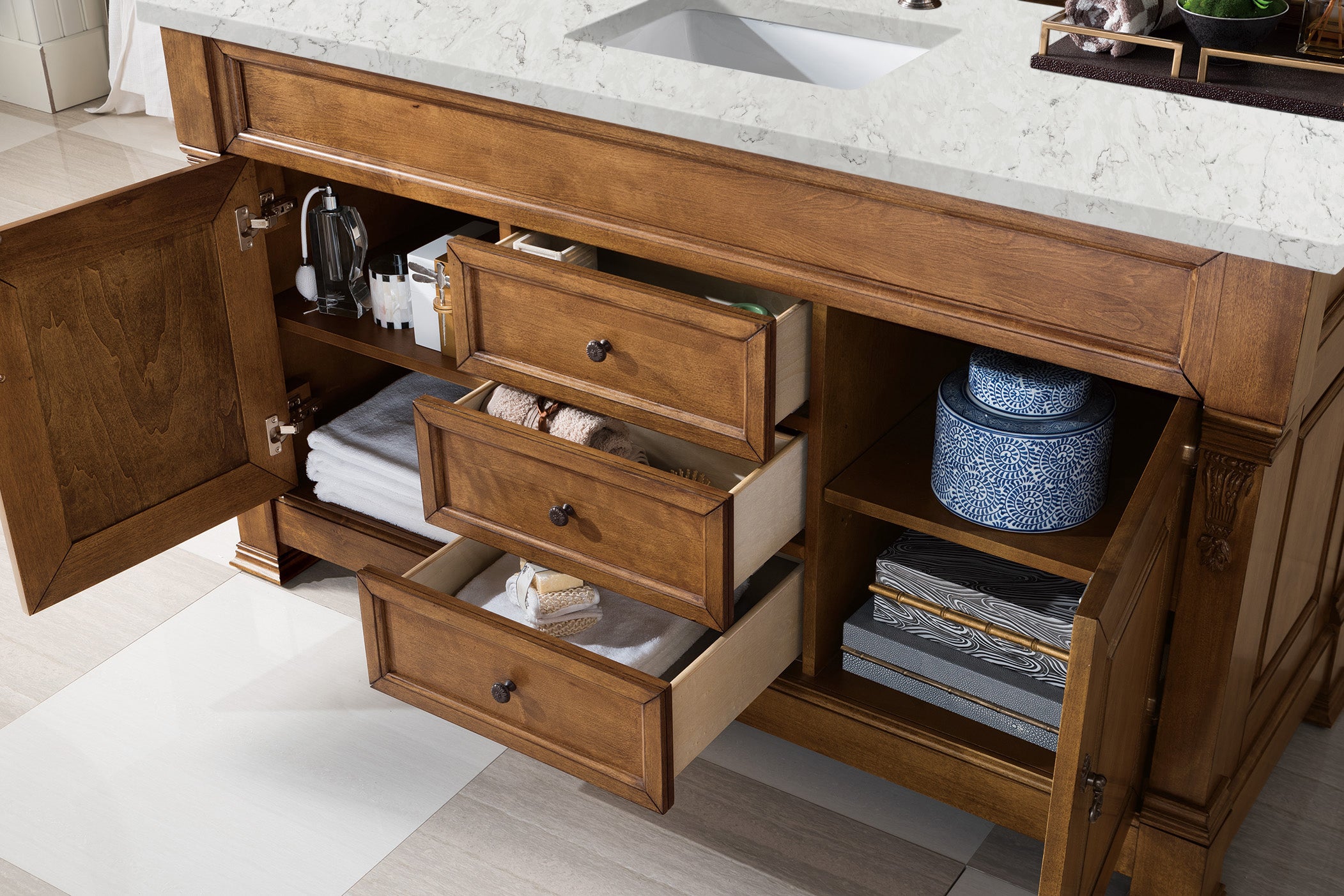 Brookfield 60 Inch Single Bathroom Vanity Set with Country Oak Finish & 3CM Eternal Jasmine Pearl Quartz Countertop - Perfect for Modern Farmhouse or Rustic Bathroom Decor