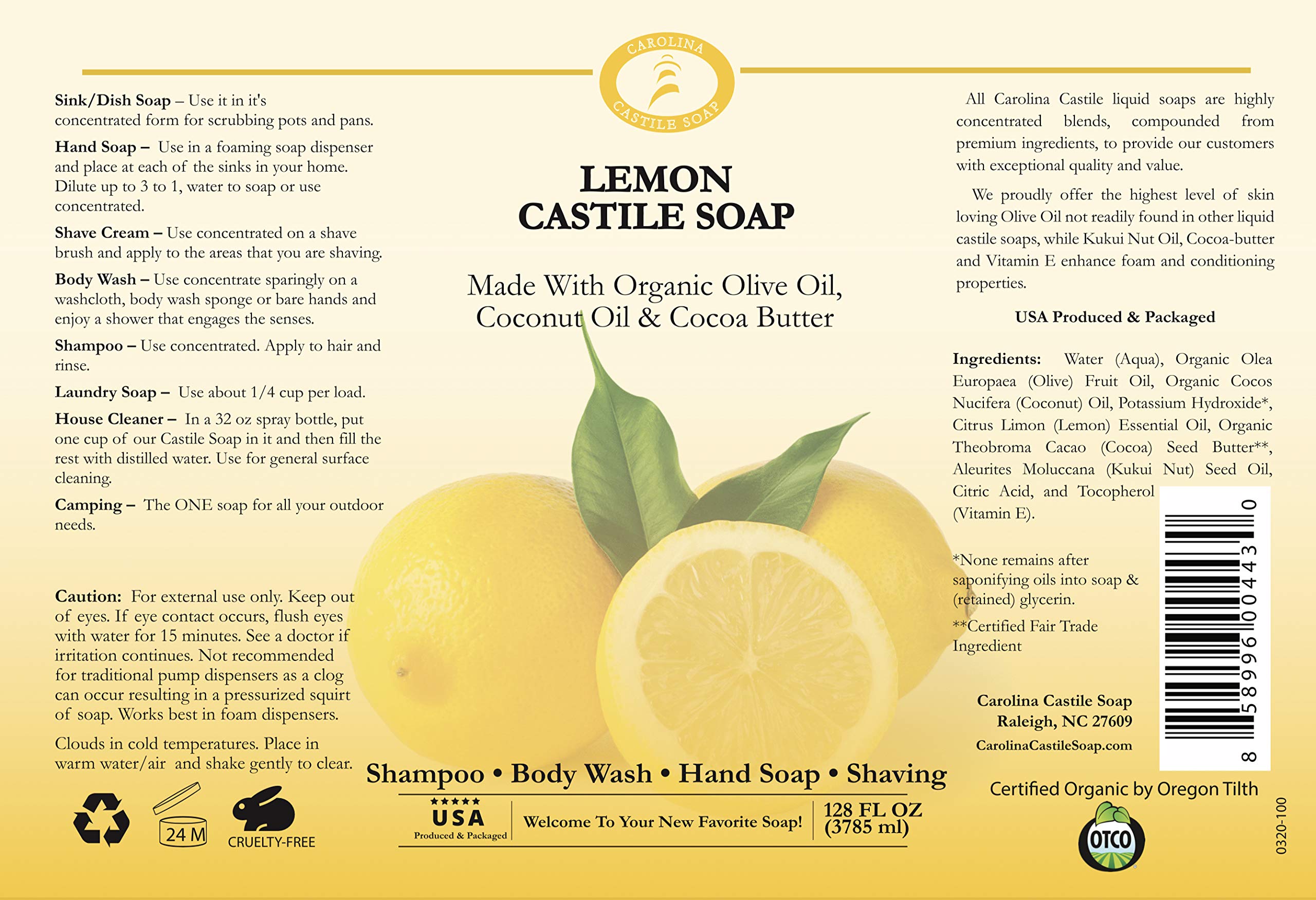 Organic Carolina Castile Soap - Lemon Scented Natural Body Wash for Men & Women | Certified Organic, High Olive Oil Content, Non-Drying Formula | Perfect for Shower, Bath & Hand Washing (1 Gallon)