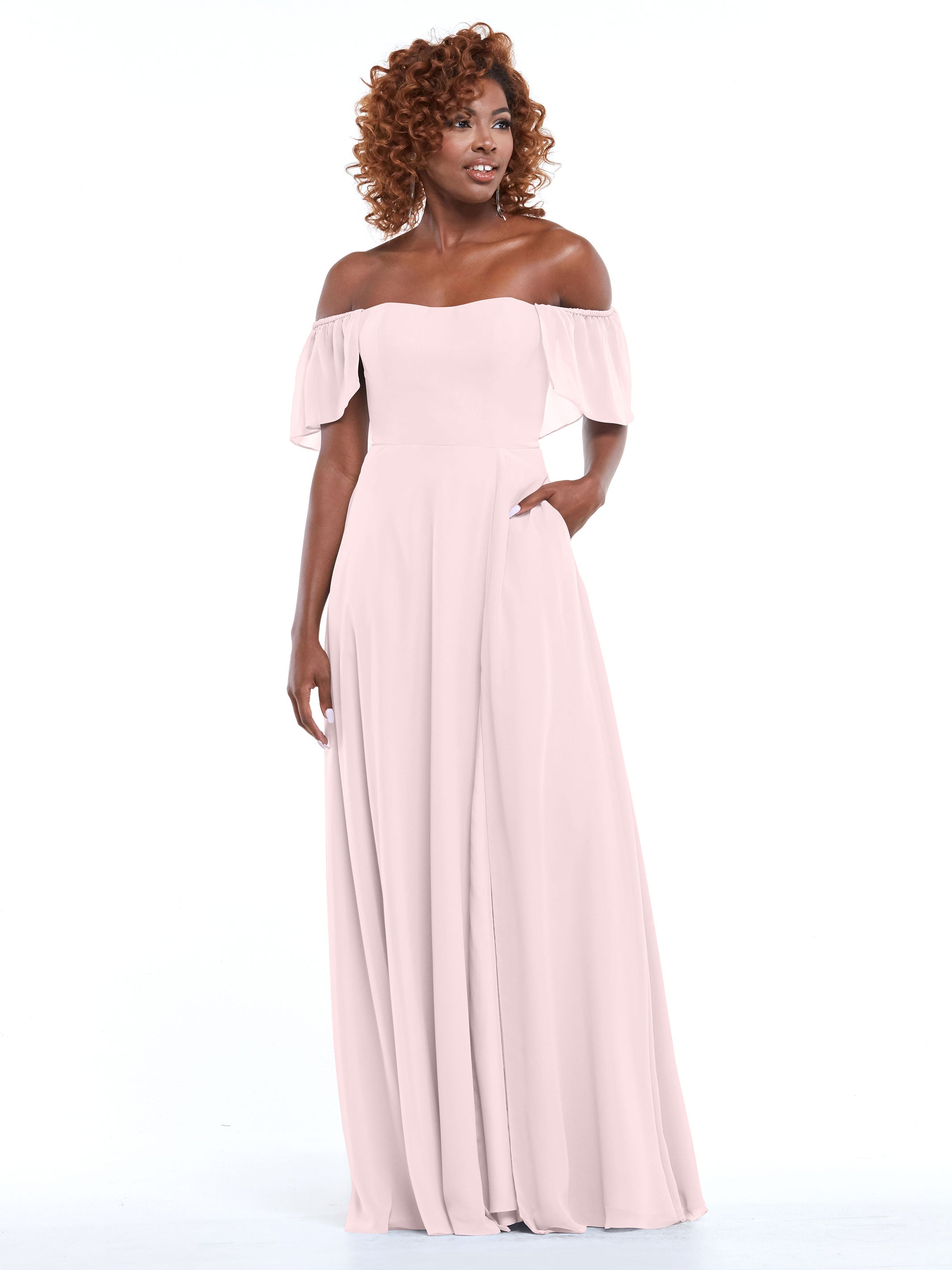 Elegant A-Line Off-The-Shoulder Chiffon Bridesmaid Dress with Pockets - Perfect for Weddings, Parties & Formal Events (Style: ALT2)