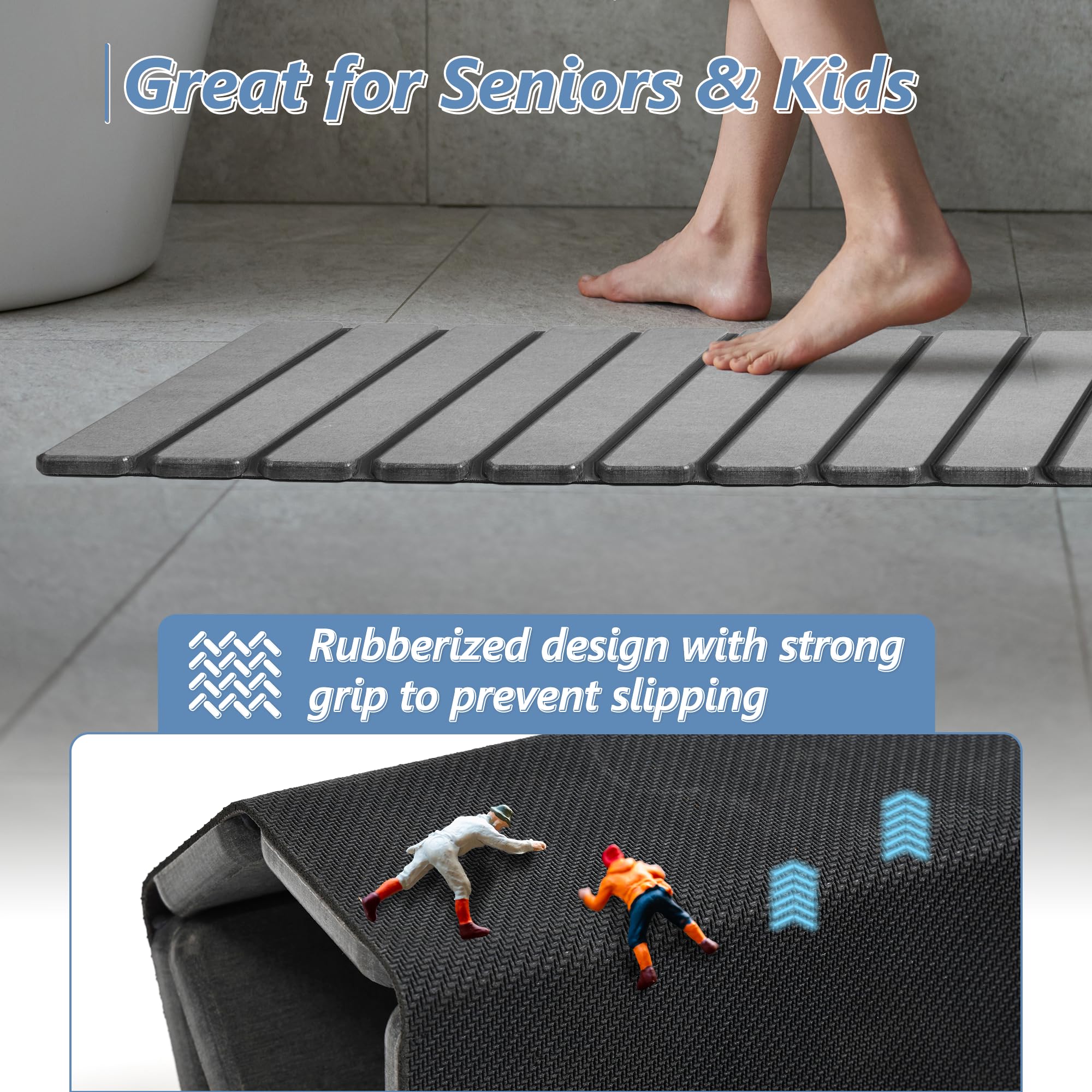 **AWW Foldable Stone Bath Mat - Super Absorbent Diatomaceous Earth Bathroom Mat, Non-Slip Quick Drying Shower Mat, Compact & Easy to Store for Small Spaces - Easy to Clean Grey Bath Mat for Spa, Bathroom & Poolside**