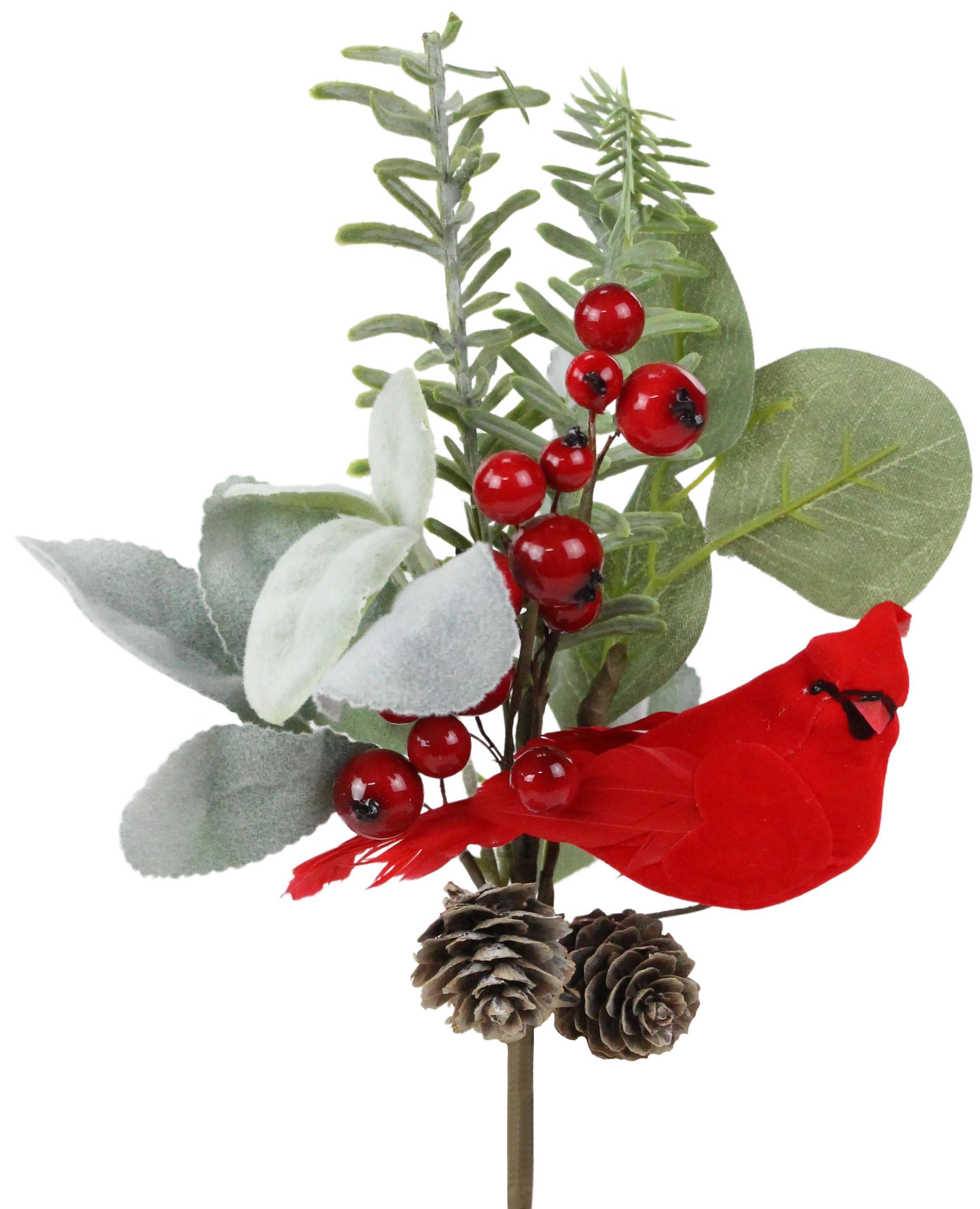 10 Pack Eucalyptus Pick Spray with Berries, Cardinal and Pine Cones - Floral Arrangement Decor for Weddings, Home, and Office