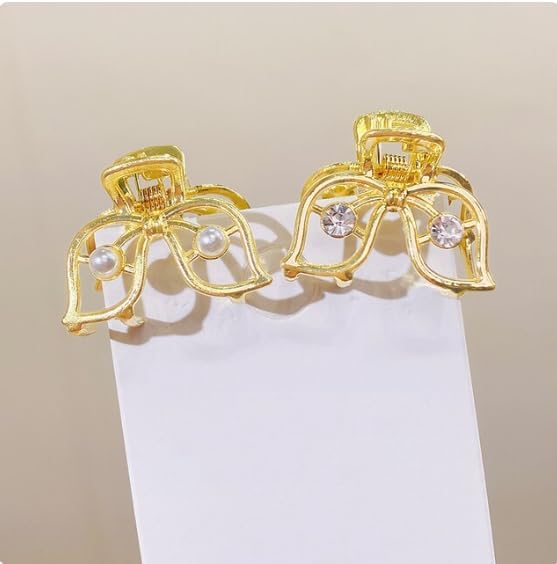 Livecool Handmade Pearl & Crystal Hair Clips - Elegant Gold Geometric Hair Barrettes & Bobby Pins for Women & Girls (2pcs Metal Small Claw) - Perfect for Weddings, Parties & Daily Hair Styling