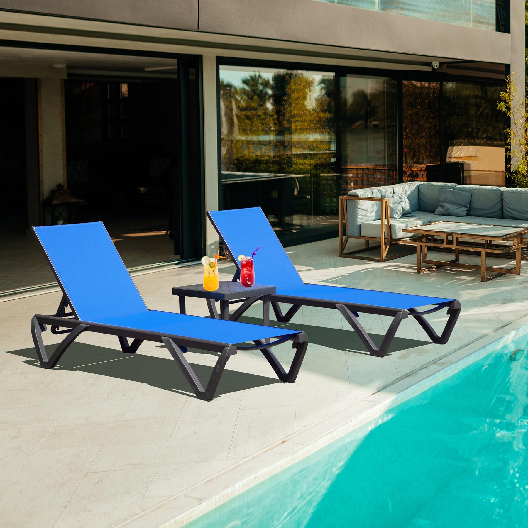 Domi 3-Piece Adjustable Pool Lounge Chairs Set with Wheels - Outdoor Patio Furniture for Backyard, Deck & Poolside Relaxation