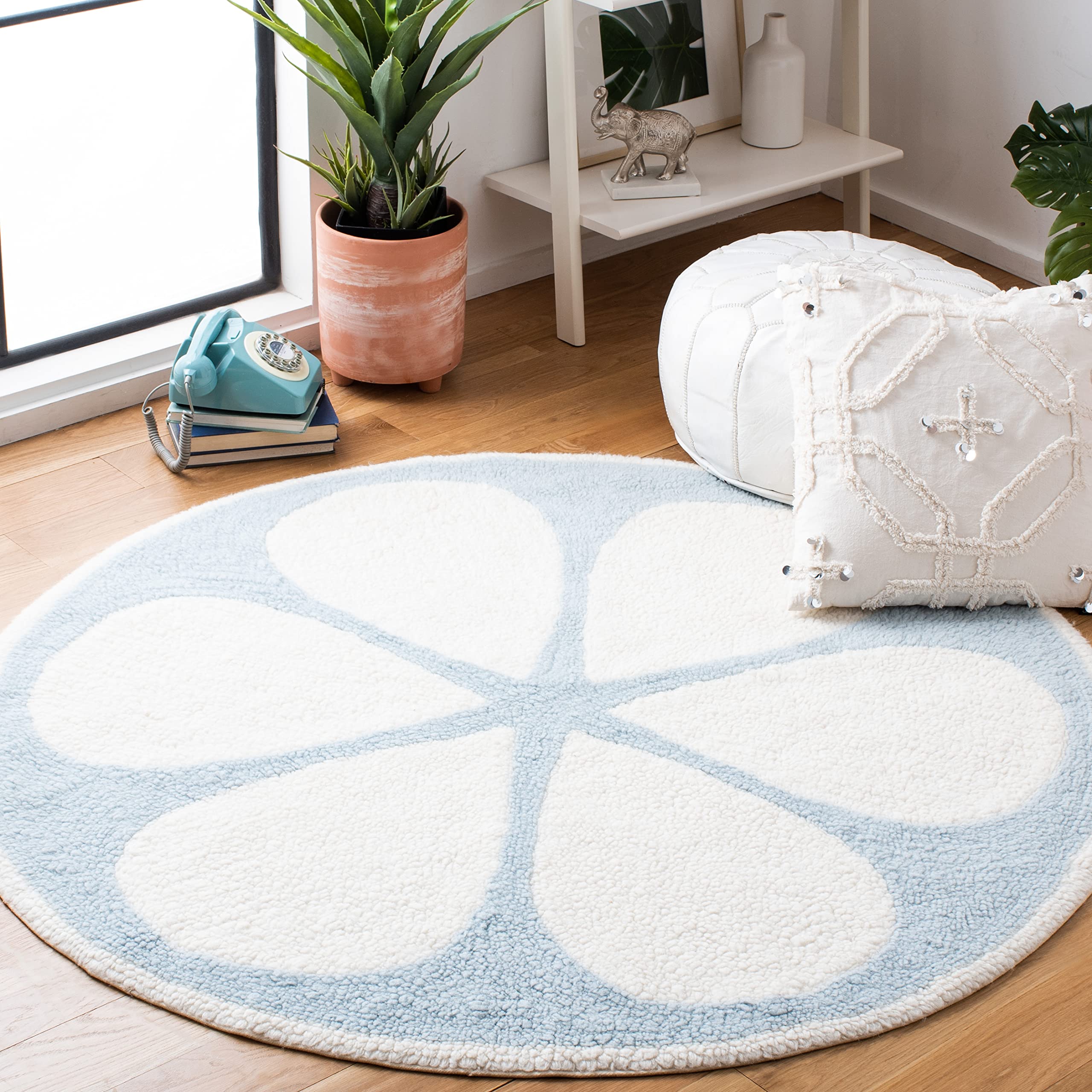 SAFAVIEH Vermont Collection 4' Round Handmade New Zealand Wool Area Rug - Ivory & Light Blue, Machine Washable, Durable for High Traffic Areas - Perfect for Living Room, Bedroom, Office & Entryway Decor (VRM478A)