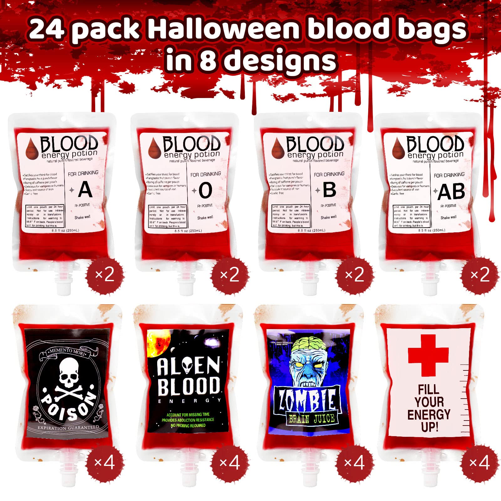 24 Pack Halloween Blood Bags Party Supplies - Hifunwu Fake Blood IV Bags for Halloween Decorations, Haunted House Props, and Horror Movie Costume Accessories