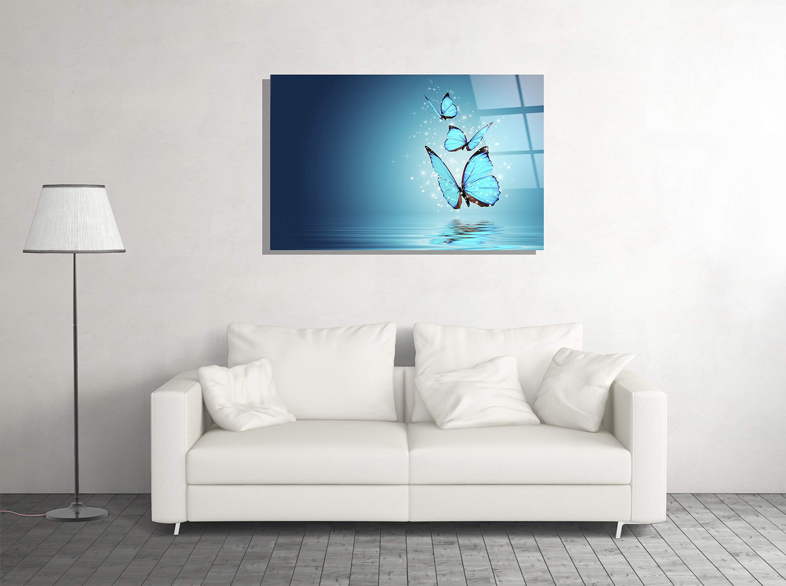 Blue Butterfly Water Neon Print - Tempered Glass Wall Art Decor for Home & Office - Unique Gift Idea for Housewarming, Birthday & Wedding