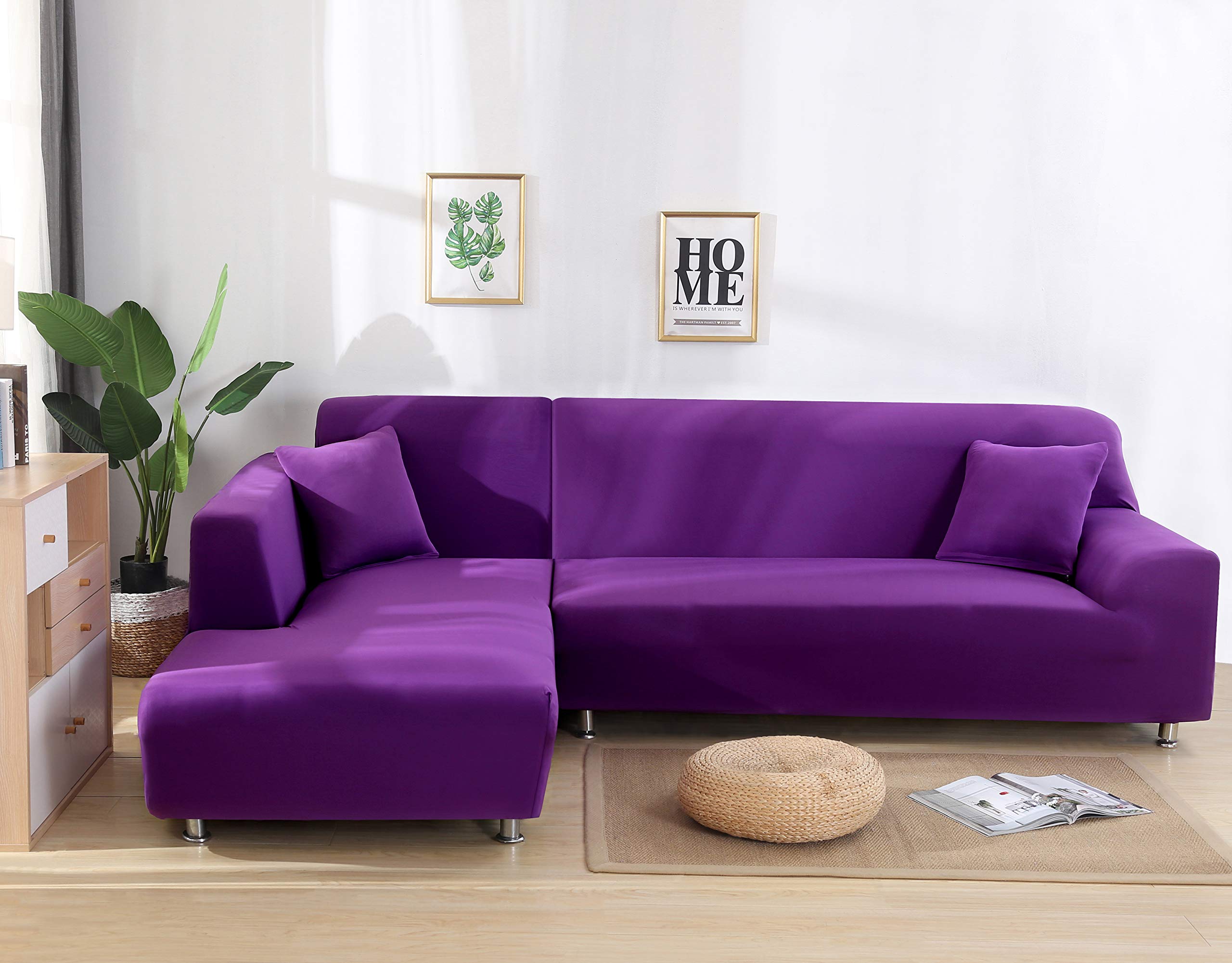 L-Shape Sectional Sofa Cover 2-Piece Stretchable Polyester Slipcover for L-Shaped Couches - Furniture Protector with 2 Pillow Covers (Purple, 2+3 Seater) - Perfect for Living Room, Family Room & Home Theater Decor