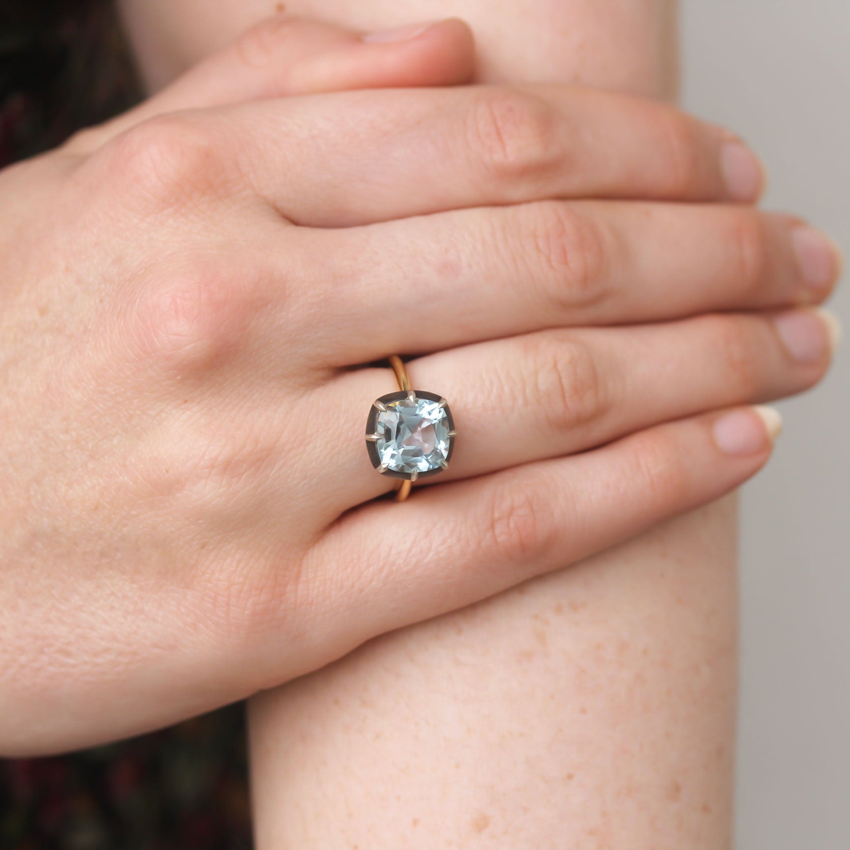 Signed Fred Leighton Cushion Blue Topaz Silver-Topped Gold Collet Solitaire Ring – Elegant Jewelry for Weddings, Anniversaries & Special Occasions