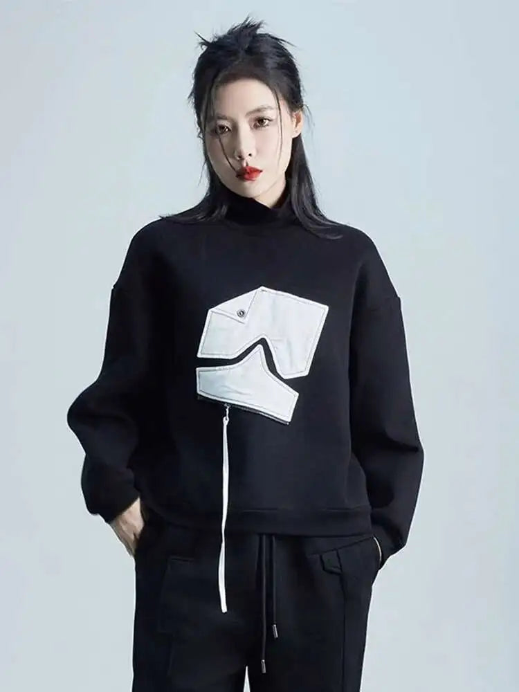 Black Pattern Zipper Thick Sweatshirt for Women | Turtleneck Long Sleeve Pullover | Plus Size Fashion Hoodie | 2025 Spring & Autumn Collection | Perfect for Casual Wear, Layering & Outdoor Activities