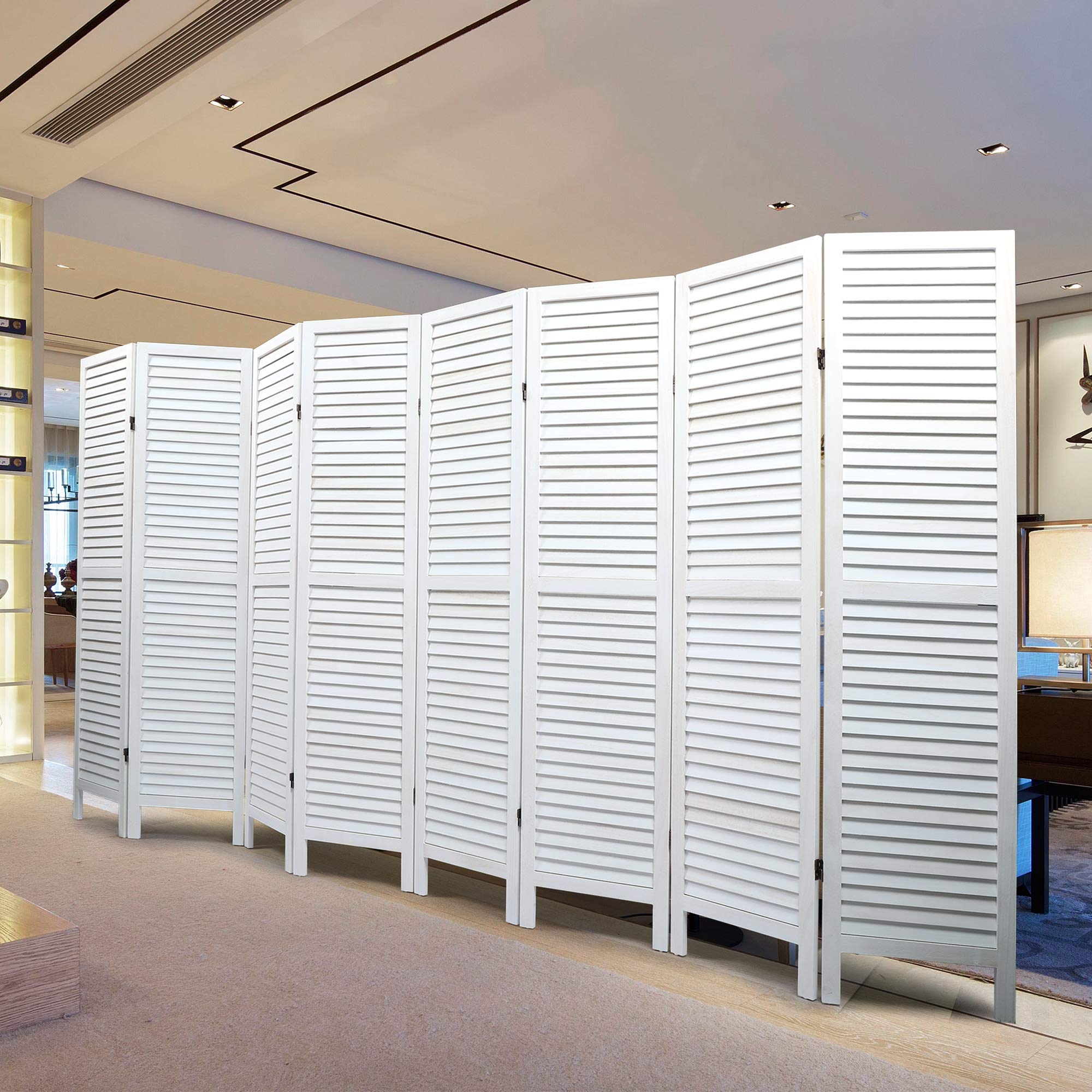 JAXPETY 8 Panel Wooden Room Divider - 5.6 Ft Tall Folding Privacy Screen with Louvered Design for Home, Office, Bedroom - Freestanding Partition for Indoor Spaces (White) | Perfect for Creating Private Areas, Home Decor, and Space Division