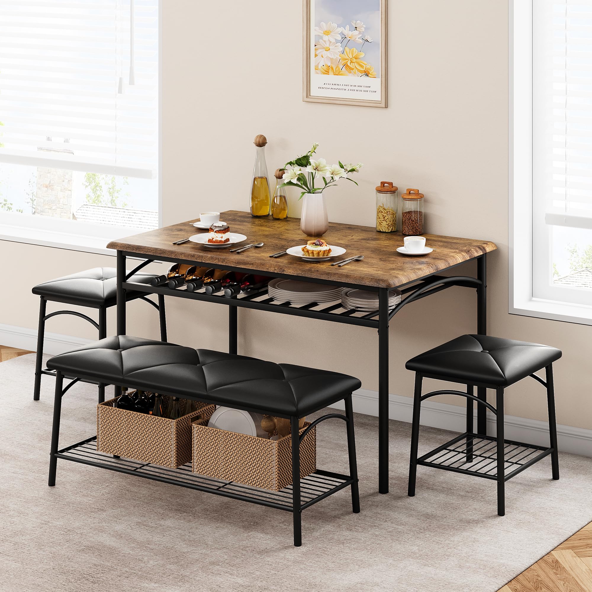 IDEALHOUSE 4-Piece Rustic Brown Dining Table Set with Upholstered Bench & Square Stools - Space Saving Kitchen Table for Small Apartments | Perfect for Breakfast Nooks, Compact Dining Areas & Cozy Family Meals