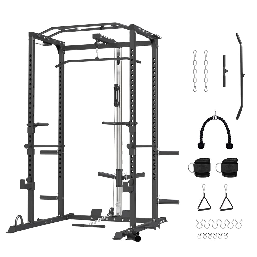 Power Cage & Multi-Functional Power Rack with LAT Pulldown System - Full Body Workout Equipment for Home Gym | Squat Rack with Cable Pulley, Optional Lever Arm & Weight Plates Combo | Perfect for Strength Training, Weightlifting & CrossFit Workouts