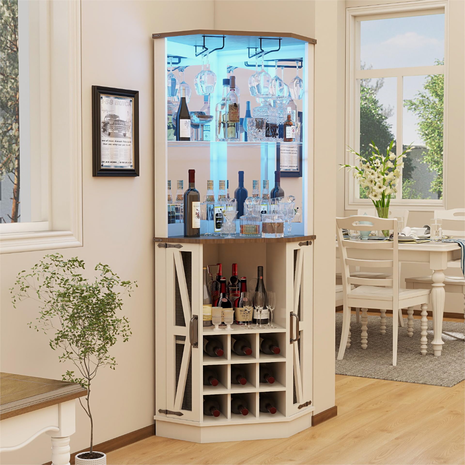 Farmhouse Corner Wine Bar Cabinet with LED Lights & Mirror - Tall Liquor Storage Cabinet, Coffee Bar Hutch with Display Shelves & Storage - White Home Bar Furniture for Living Room, Dining Room & Kitchen Decor