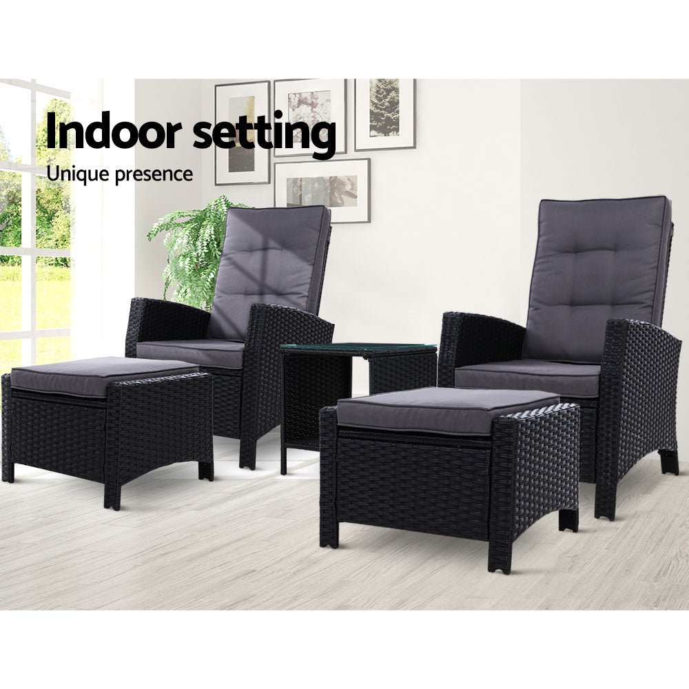 5-Piece Elise Outdoor Recliner Chair Set with Ottoman and Table - Black Patio Furniture for Backyard, Poolside & Garden Relaxation