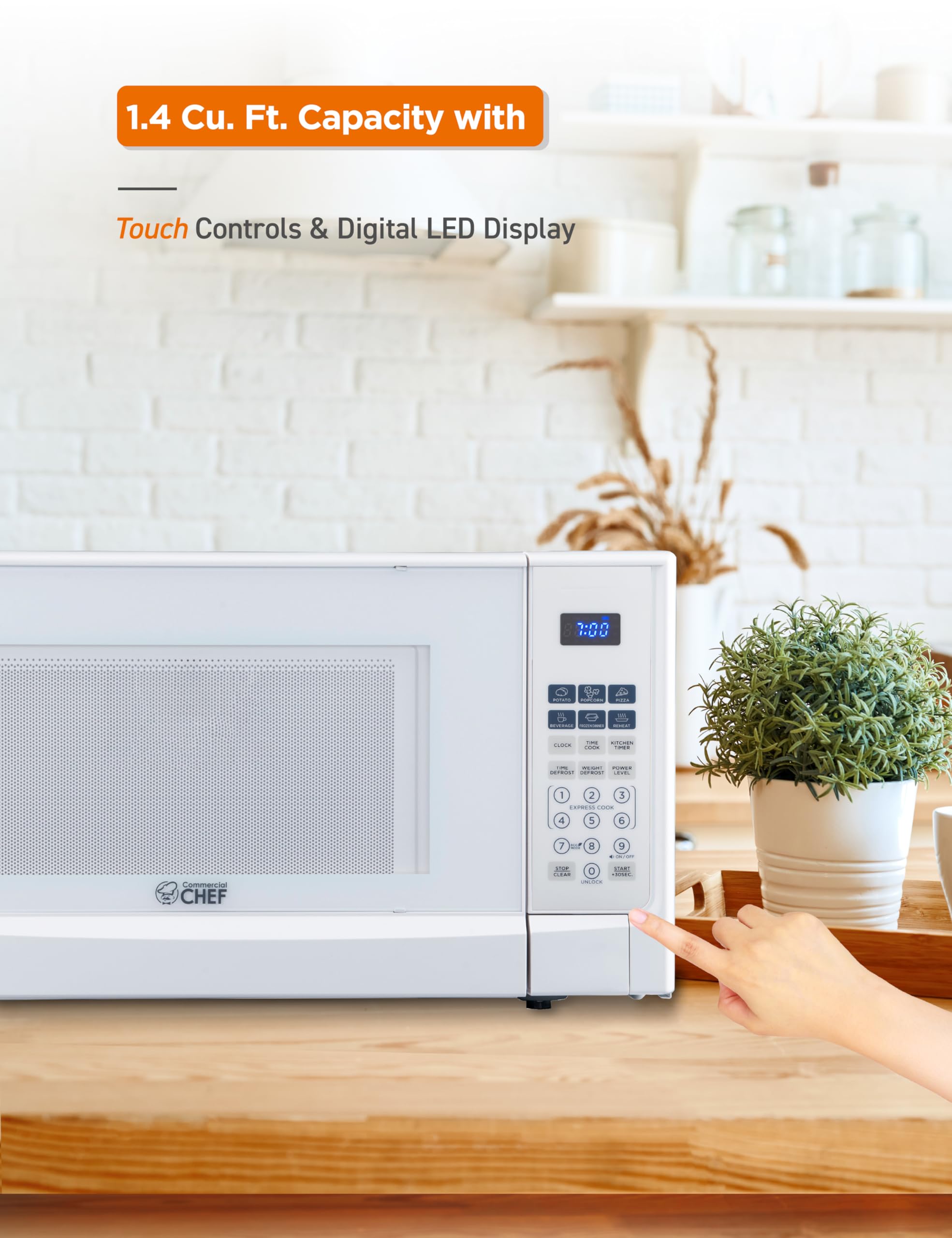 Commercial Chef 1.4 Cu Ft Countertop Microwave - 1100W with 10 Power Levels, Digital Control Panel & Timer, Push Button Operation (White) - Perfect for Small Kitchens, Dorms, Offices & RVs